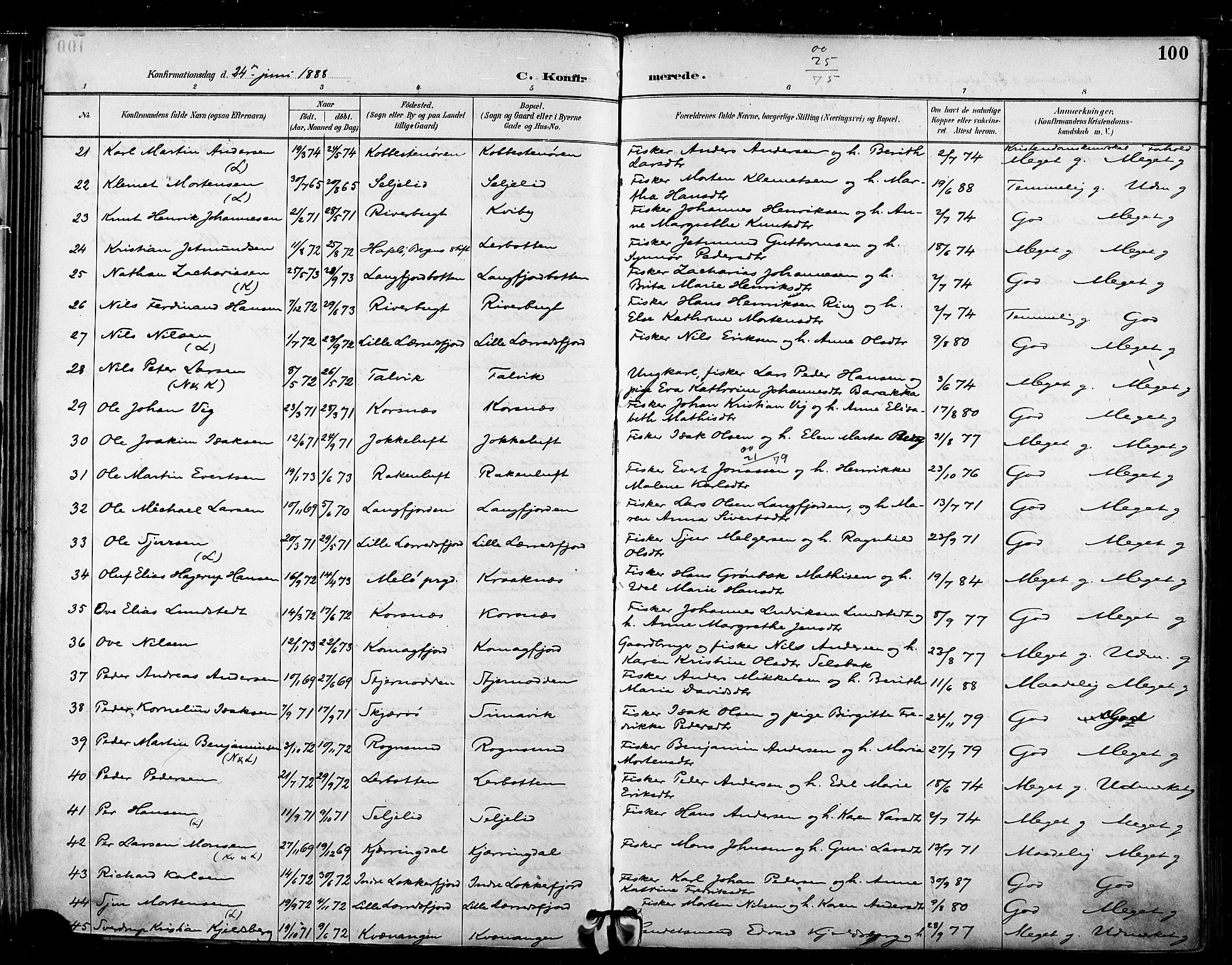 Talvik sokneprestkontor, AV/SATØ-S-1337/H/Ha/L0013kirke: Ministerialbok nr. 13, 1886-1897, s. 100