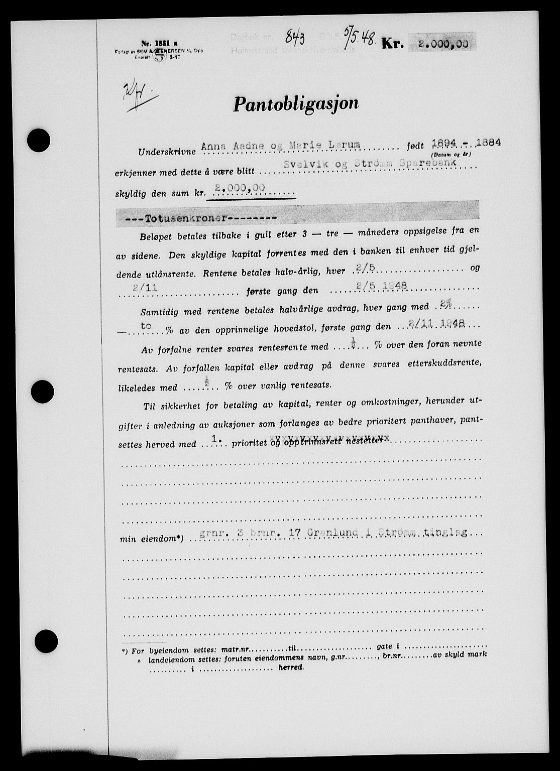 Holmestrand sorenskriveri, SAKO/A-67/G/Ga/Gab/L0058: Pantebok nr. B-58, 1947-1948, Dagboknr: 843/1948