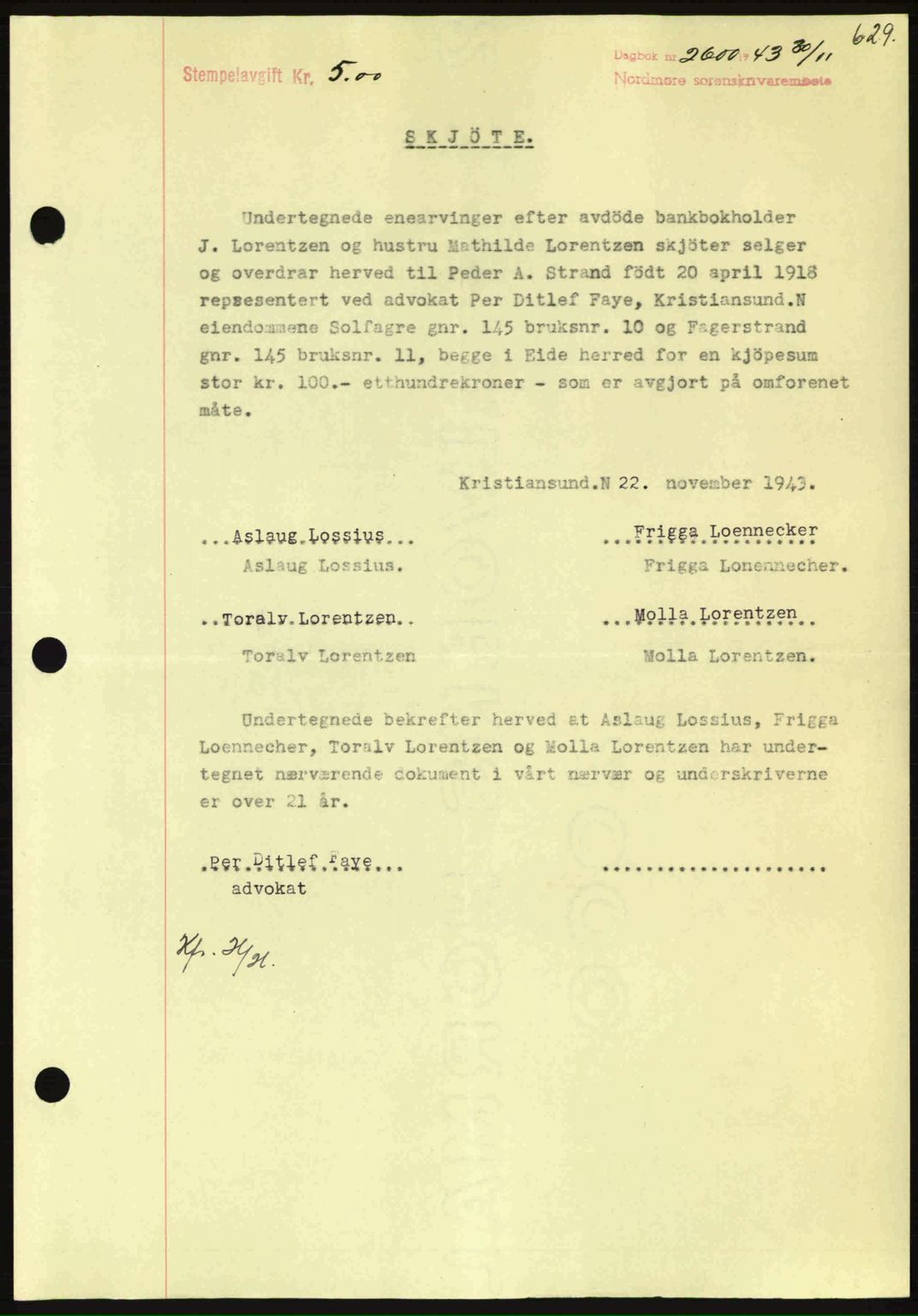 Nordmøre sorenskriveri, SAT/A-4132/1/2/2Ca: Pantebok nr. A96, 1943-1944, Dagboknr: 2600/1943