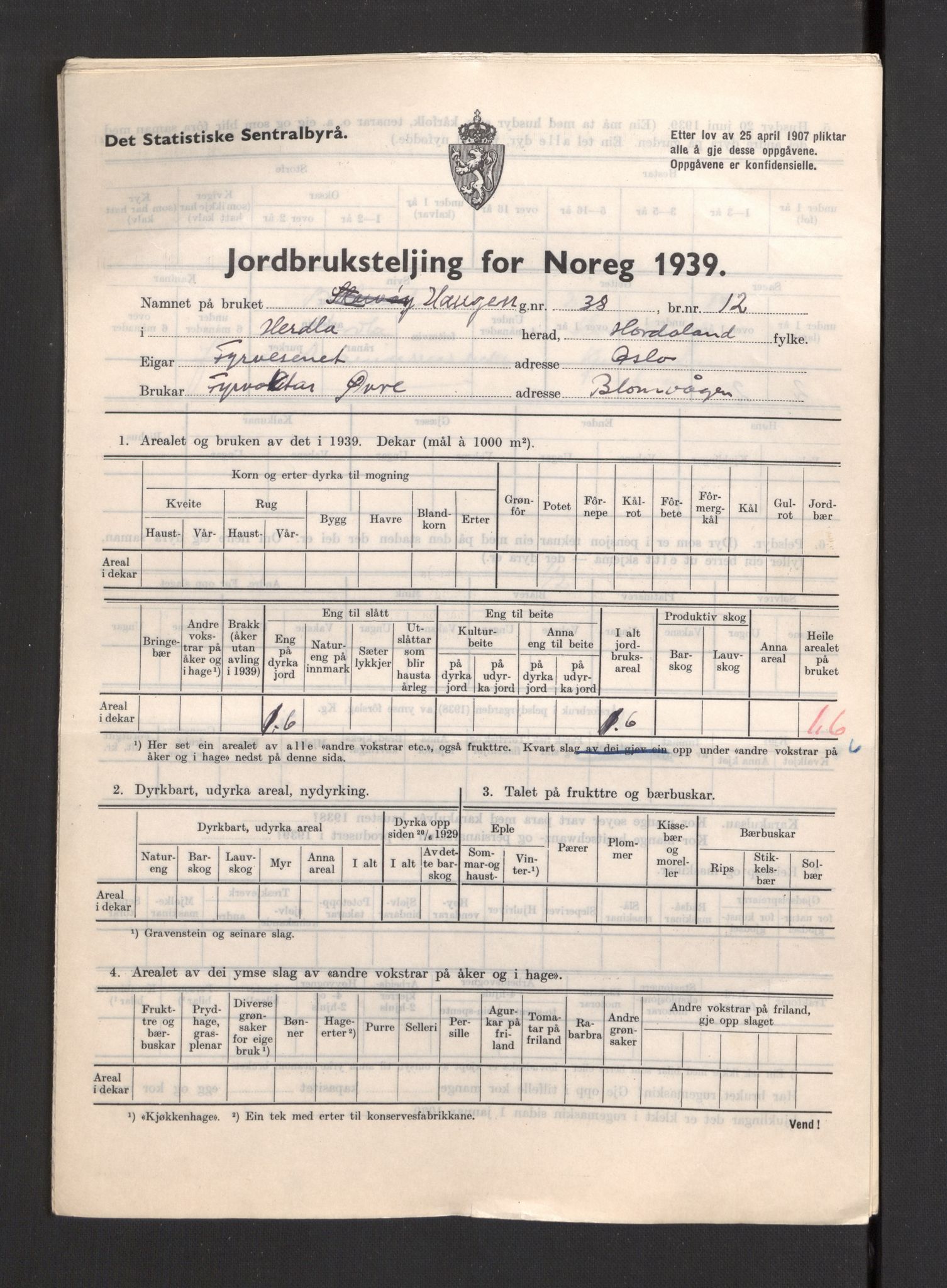 Statistisk sentralbyrå, Næringsøkonomiske emner, Jordbruk, skogbruk, jakt, fiske og fangst, AV/RA-S-2234/G/Gb/L0211: Hordaland: Herdla, Hjelme og Manger, 1939, s. 33