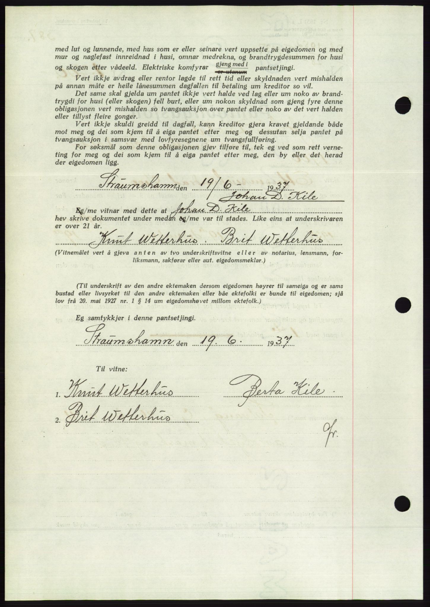 Søre Sunnmøre sorenskriveri, AV/SAT-A-4122/1/2/2C/L0063: Pantebok nr. 57, 1937-1937, Dagboknr: 1052/1937