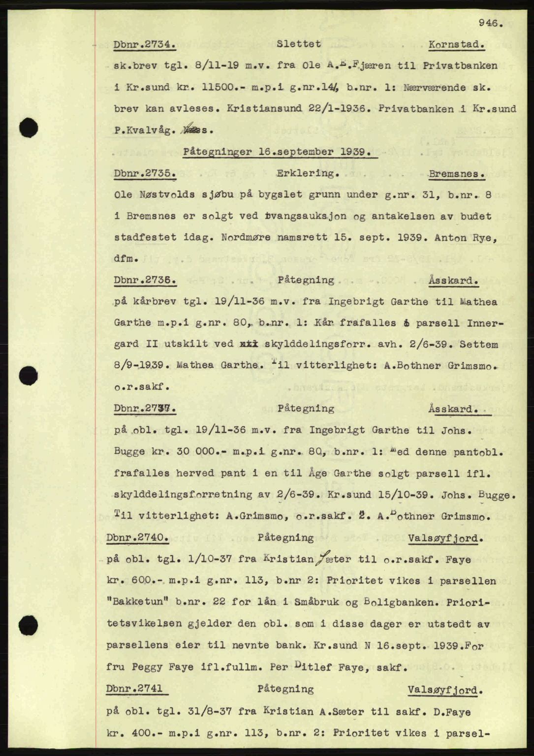 Nordmøre sorenskriveri, SAT/A-4132/1/2/2Ca: Pantebok nr. C80, 1936-1939, Dagboknr: 2734/1939