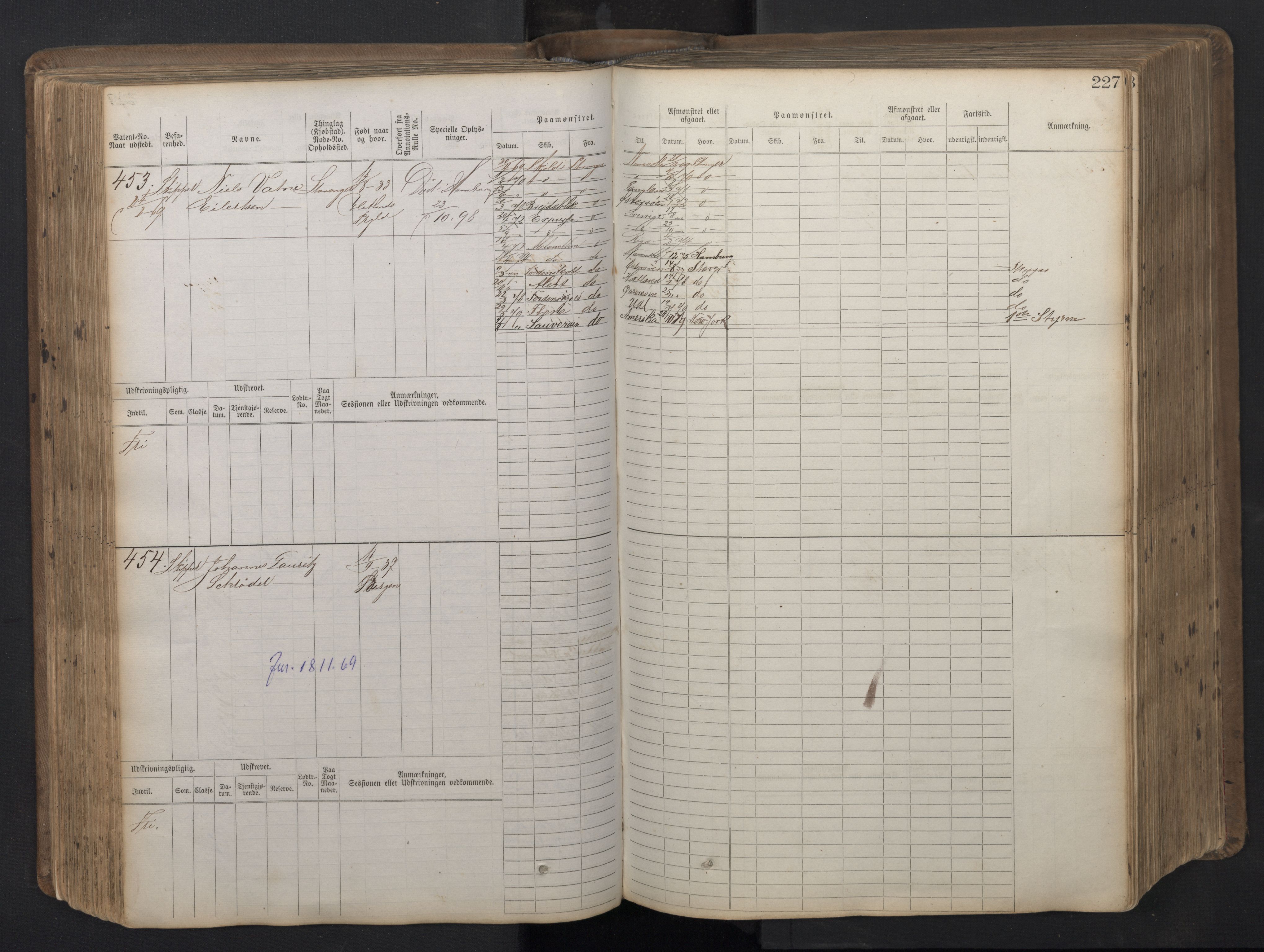 Stavanger sjømannskontor, AV/SAST-A-102006/F/Fb/Fbb/L0016: Sjøfartshovedrulle patnentnr. 1-1202 (dublett), 1869, s. 227