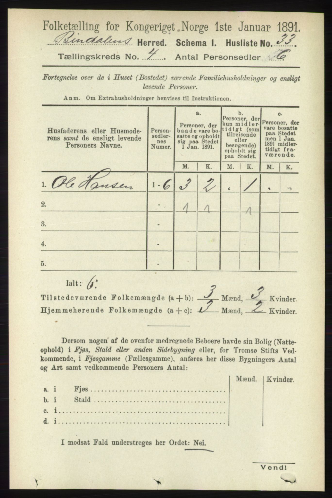 RA, Folketelling 1891 for 1811 Bindal herred, 1891, s. 1022