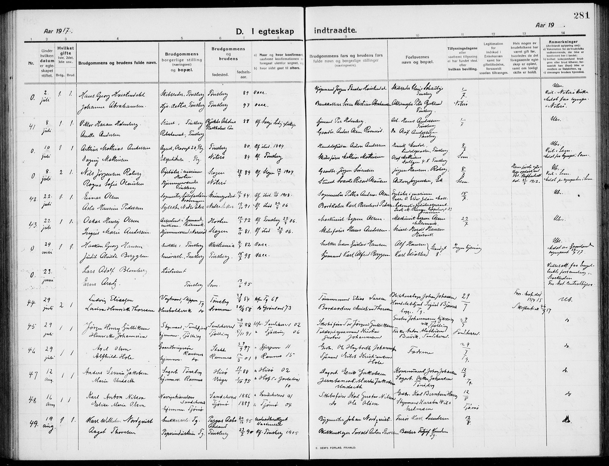 Tønsberg kirkebøker, AV/SAKO-A-330/G/Ga/L0009: Klokkerbok nr. 9, 1913-1920, s. 281