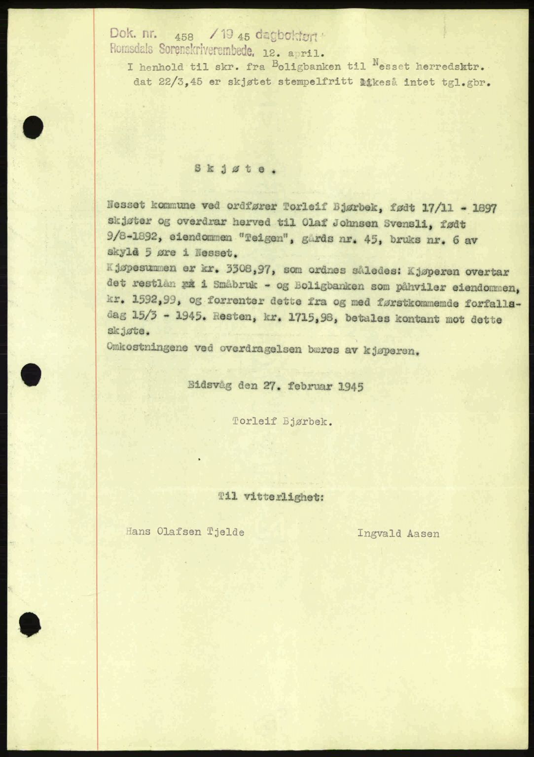 Romsdal sorenskriveri, SAT/A-4149/1/2/2C: Pantebok nr. A17, 1944-1945, Dagboknr: 458/1945