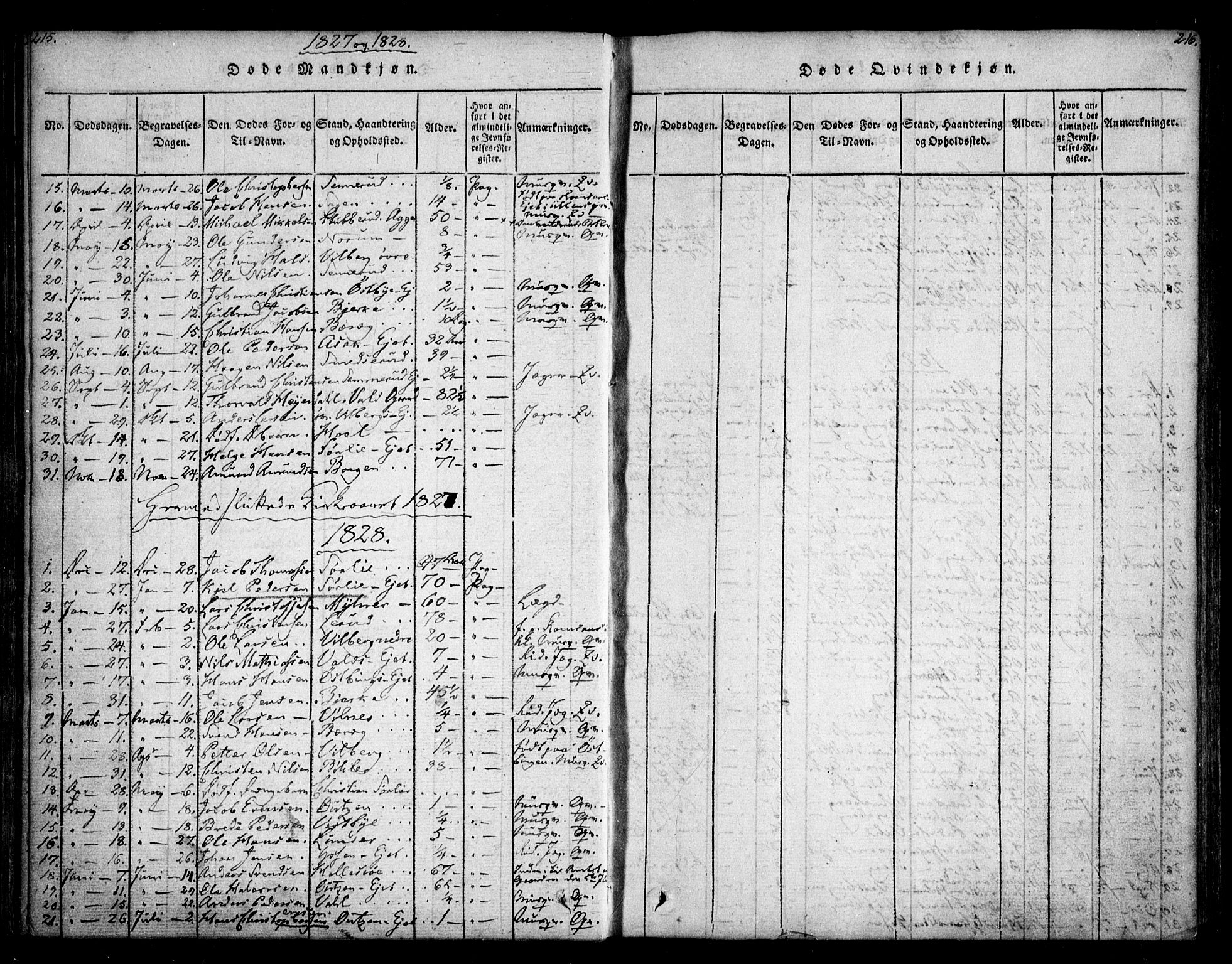 Sørum prestekontor Kirkebøker, AV/SAO-A-10303/F/Fa/L0003: Ministerialbok nr. I 3, 1814-1829, s. 215-216