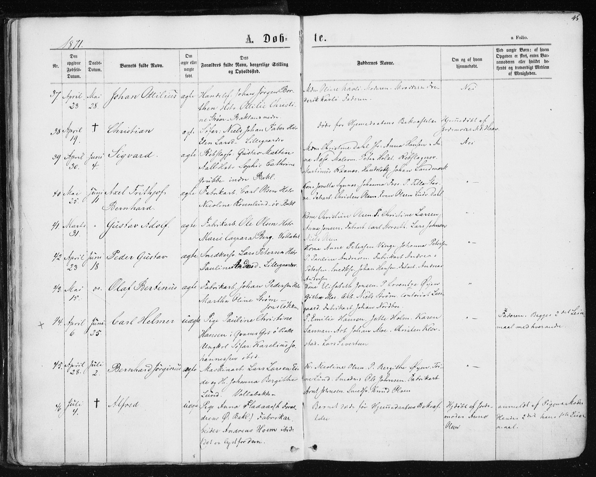 Ministerialprotokoller, klokkerbøker og fødselsregistre - Sør-Trøndelag, AV/SAT-A-1456/604/L0186: Ministerialbok nr. 604A07, 1866-1877, s. 45