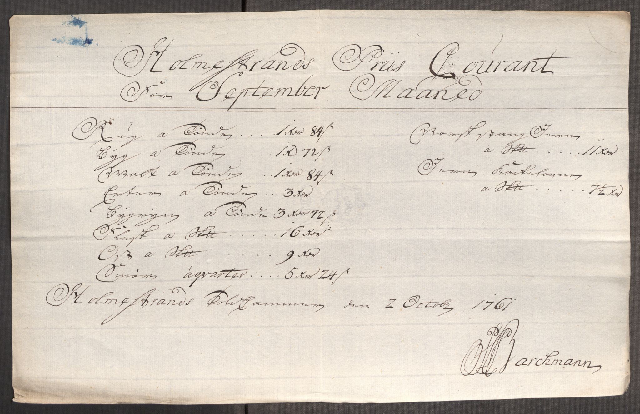 Rentekammeret inntil 1814, Realistisk ordnet avdeling, RA/EA-4070/Oe/L0007: [Ø1]: Priskuranter, 1761-1763, s. 143