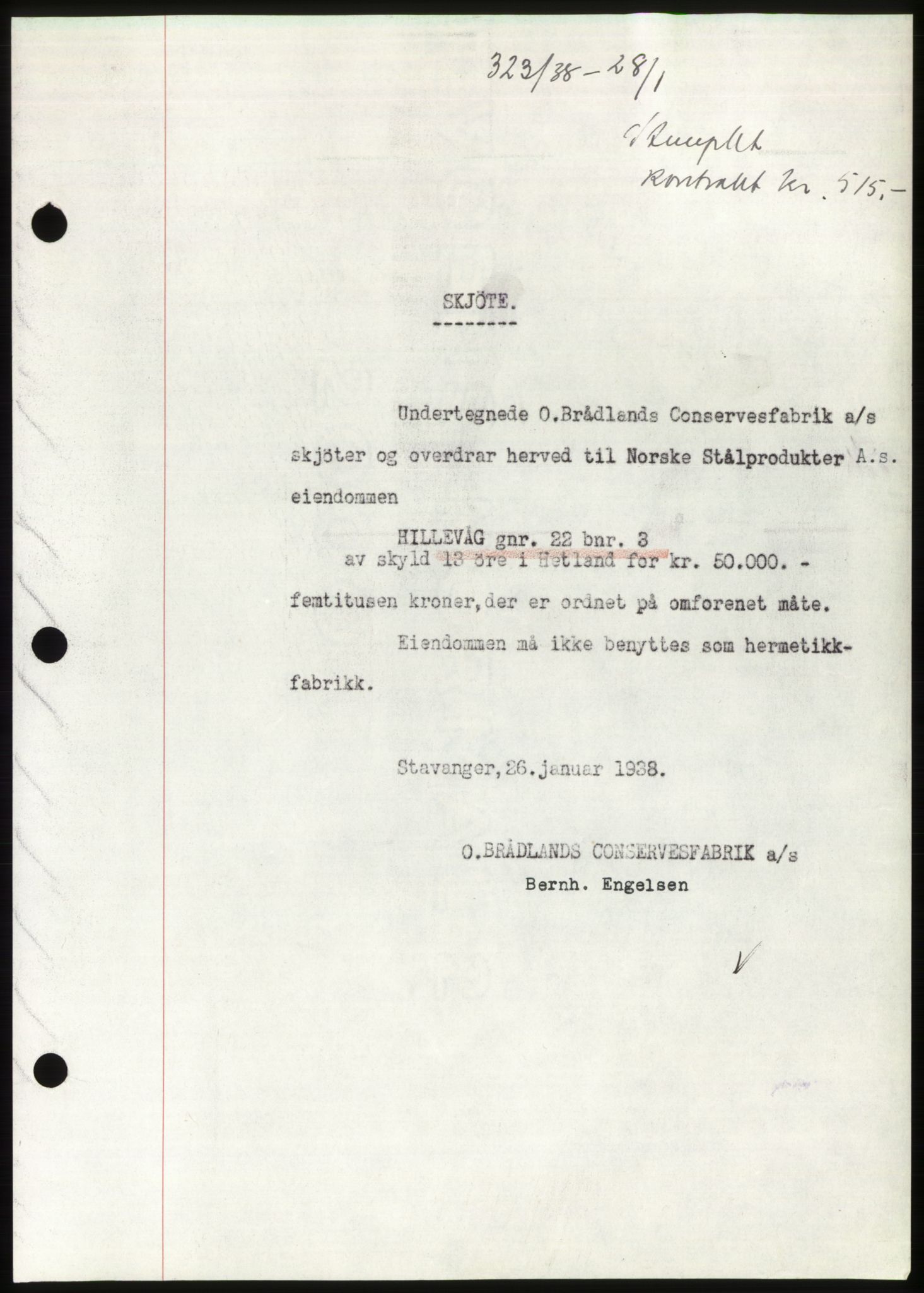 Jæren sorenskriveri, SAST/A-100310/03/G/Gba/L0070: Pantebok, 1938-1938, Dagboknr: 323/1938