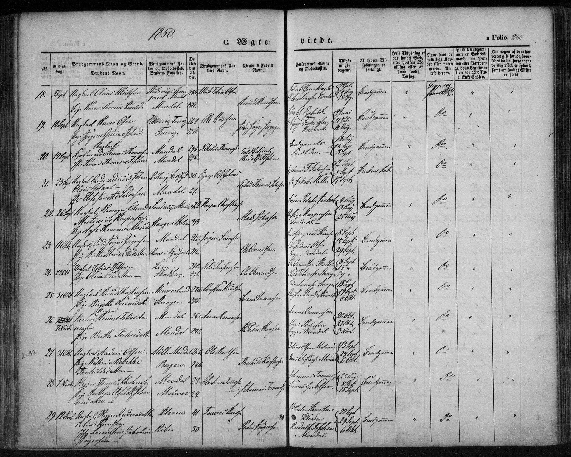 Mandal sokneprestkontor, AV/SAK-1111-0030/F/Fa/Faa/L0013: Ministerialbok nr. A 13, 1847-1859, s. 280