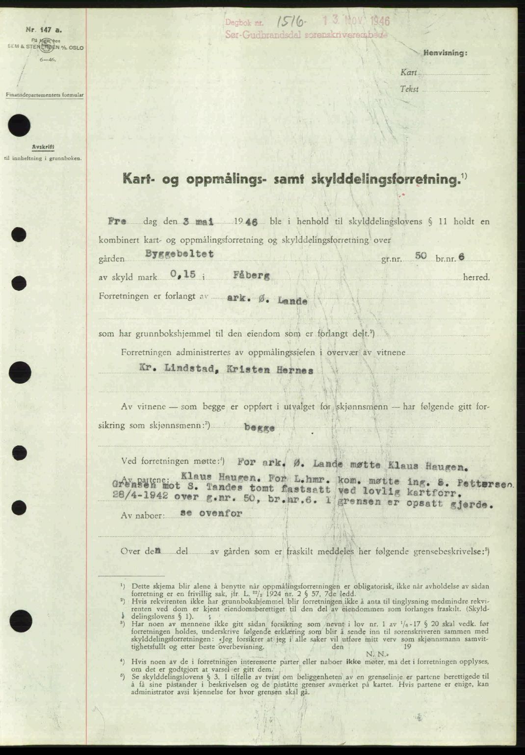 Sør-Gudbrandsdal tingrett, SAH/TING-004/H/Hb/Hbd/L0017: Pantebok nr. A17, 1946-1947, Dagboknr: 1516/1946