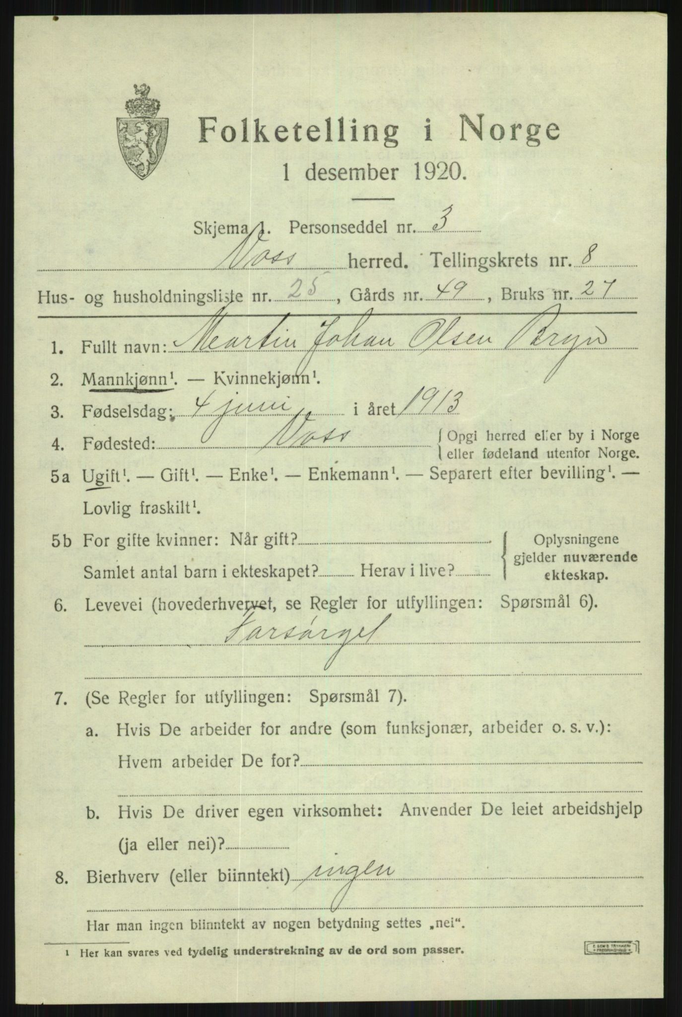 SAB, Folketelling 1920 for 1235 Voss herred, 1920, s. 8067