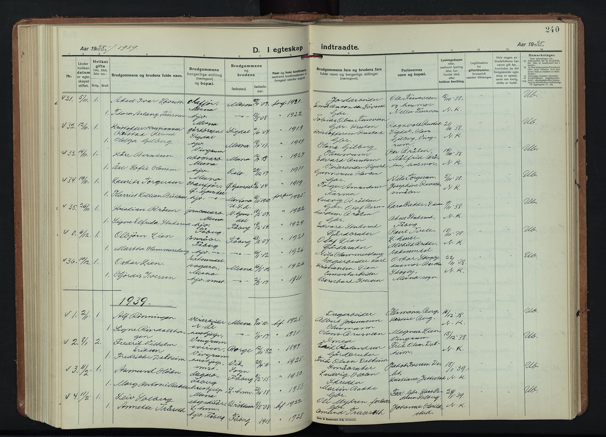 Fåberg prestekontor, SAH/PREST-086/H/Ha/Hab/L0015: Klokkerbok nr. 15, 1924-1949, s. 240