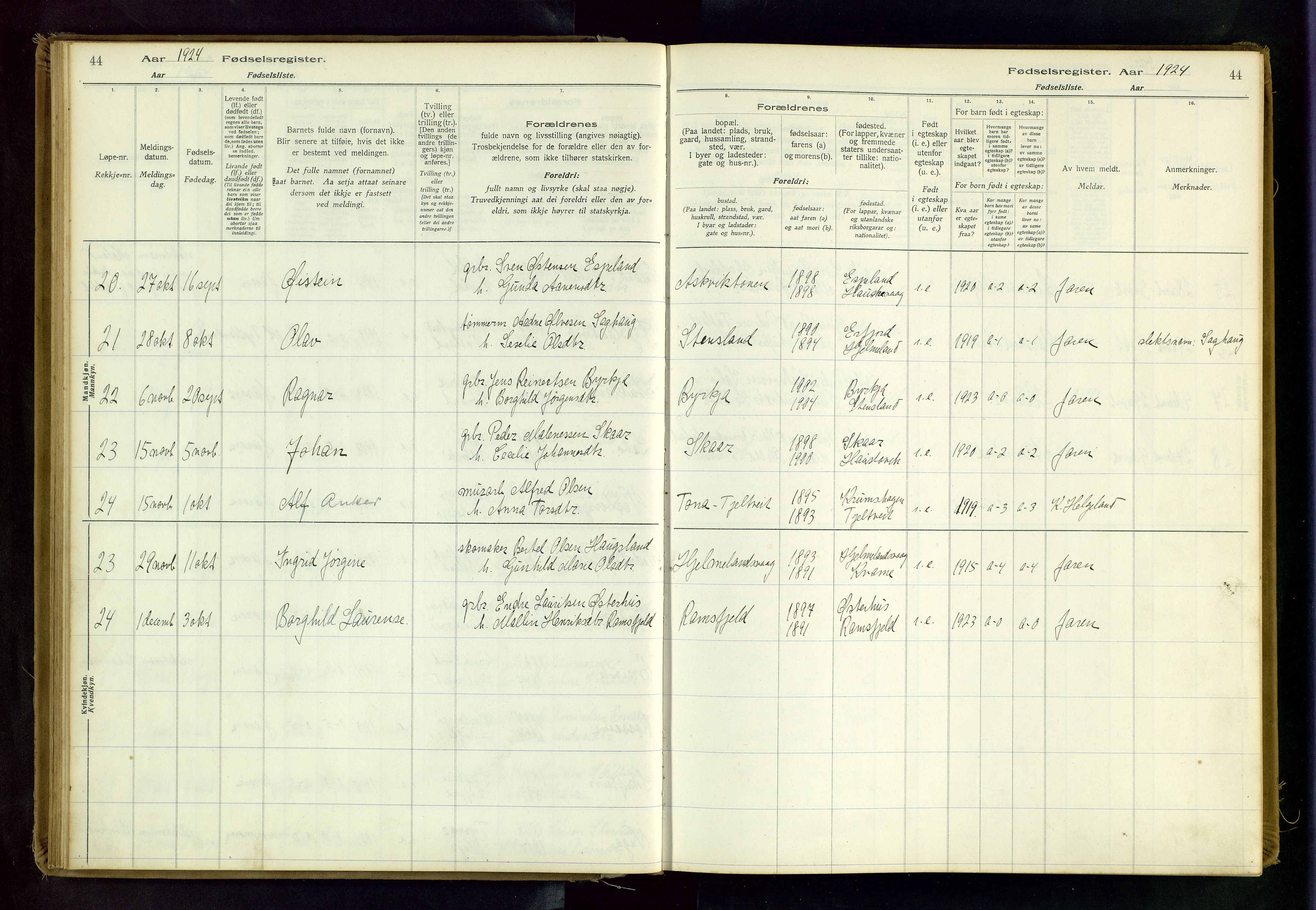 Hjelmeland sokneprestkontor, AV/SAST-A-101843/02/B/L0001: Fødselsregister nr. 1, 1916-1963, s. 44