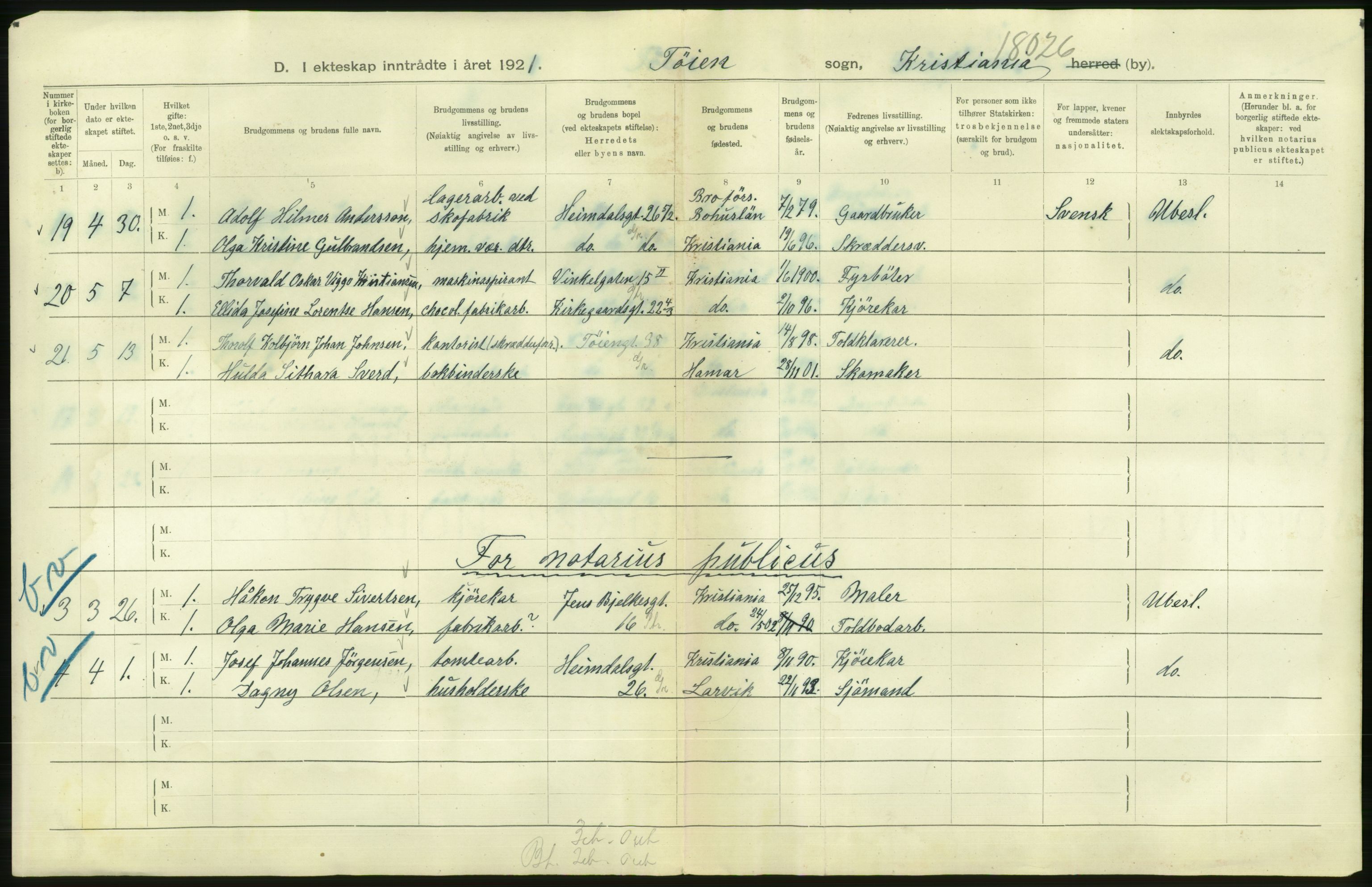 Statistisk sentralbyrå, Sosiodemografiske emner, Befolkning, AV/RA-S-2228/D/Df/Dfc/Dfca/L0011: Kristiania: Gifte, 1921, s. 818