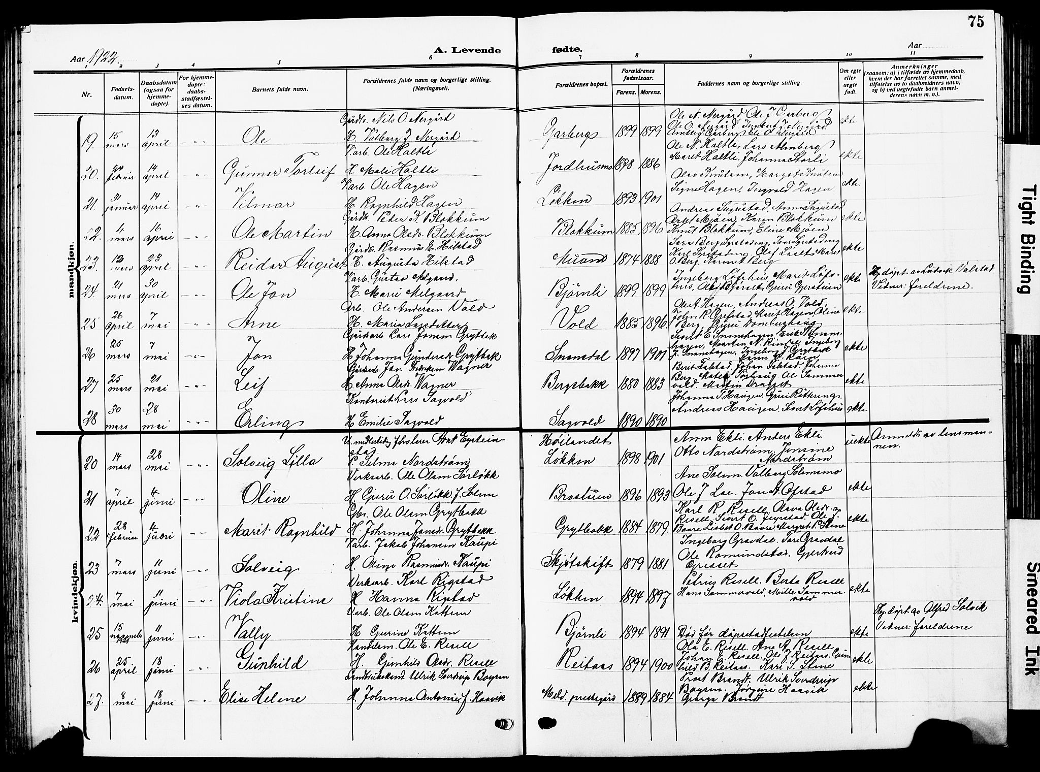 Ministerialprotokoller, klokkerbøker og fødselsregistre - Sør-Trøndelag, AV/SAT-A-1456/672/L0865: Klokkerbok nr. 672C04, 1914-1928, s. 75