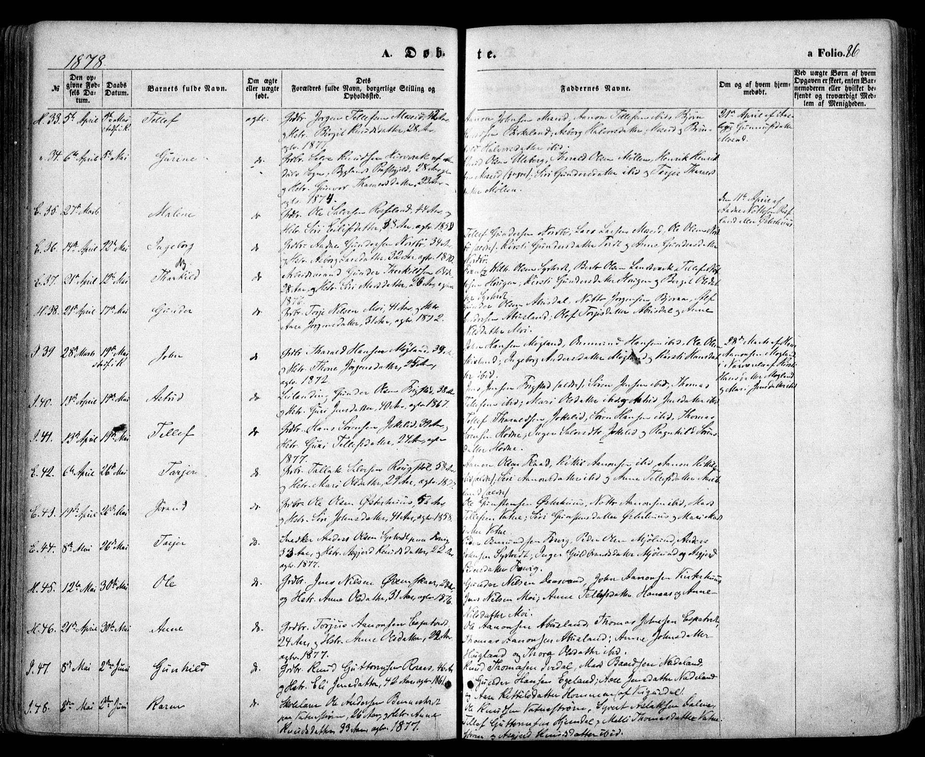 Evje sokneprestkontor, AV/SAK-1111-0008/F/Fa/Faa/L0006: Ministerialbok nr. A 6, 1866-1884, s. 86