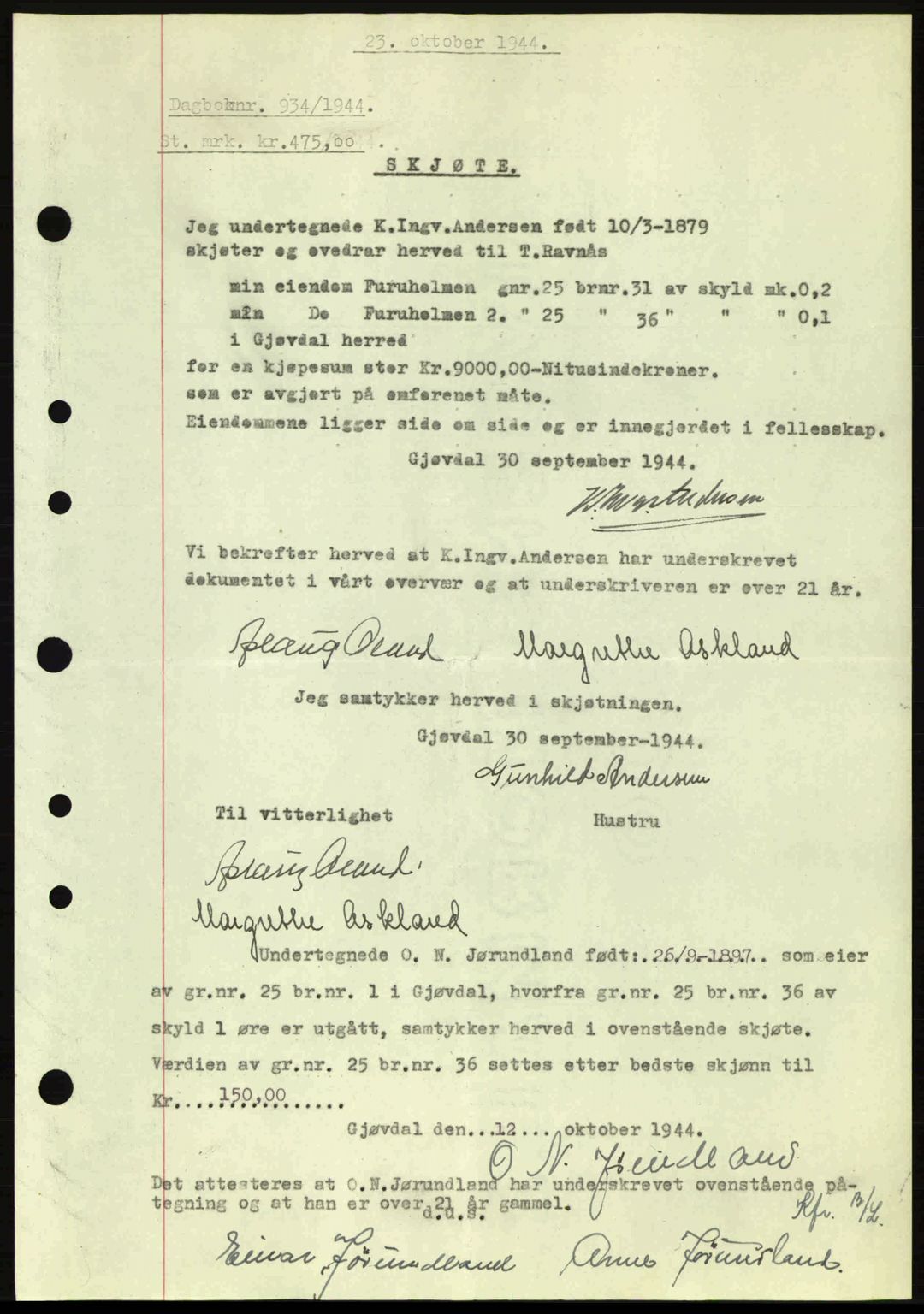 Nedenes sorenskriveri, SAK/1221-0006/G/Gb/Gba/L0052: Pantebok nr. A6a, 1944-1945, Dagboknr: 934/1944