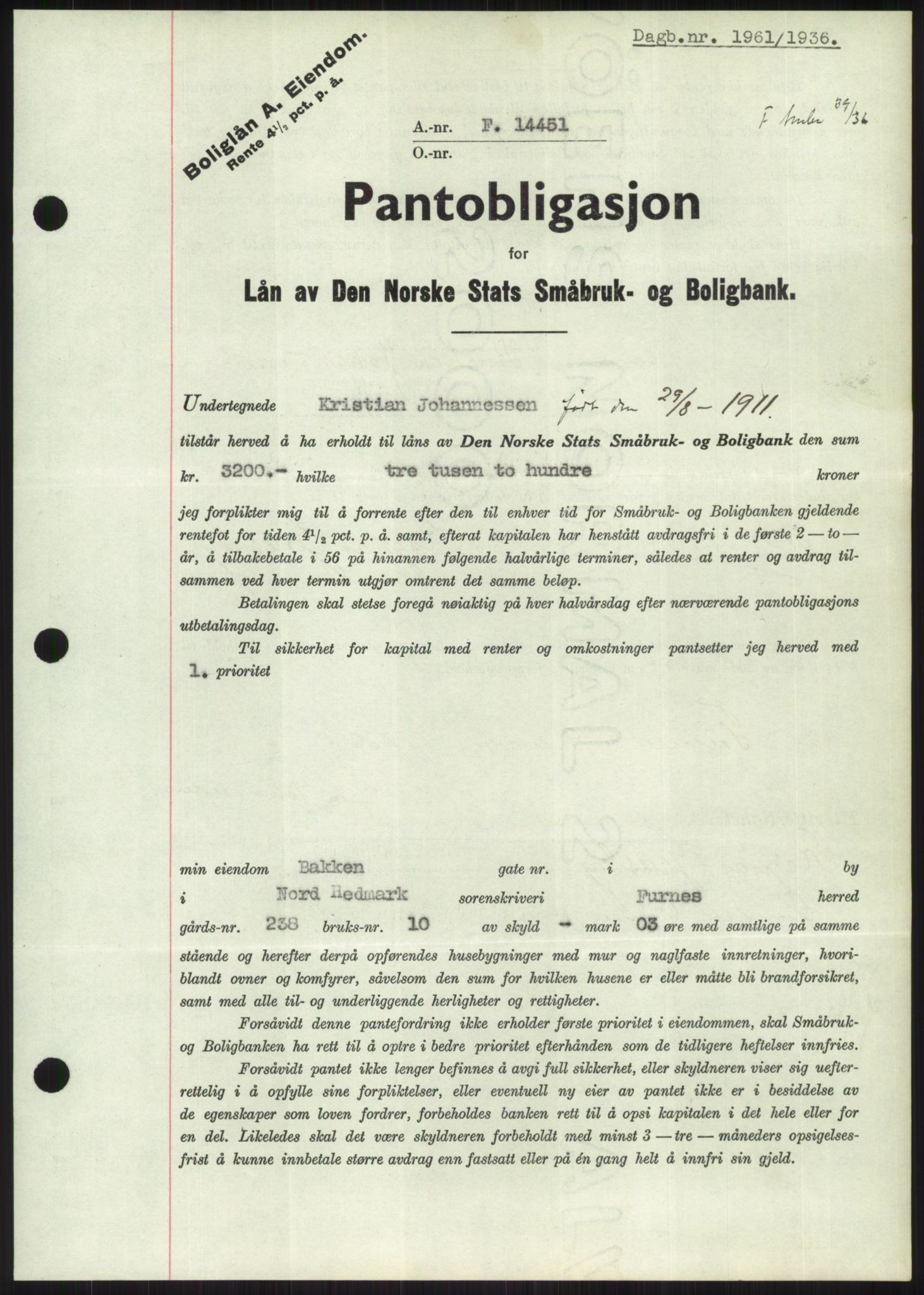 Nord-Hedmark sorenskriveri, SAH/TING-012/H/Hb/Hbf/L0001: Pantebok nr. B1, 1936-1936, Dagboknr: 1961/1936