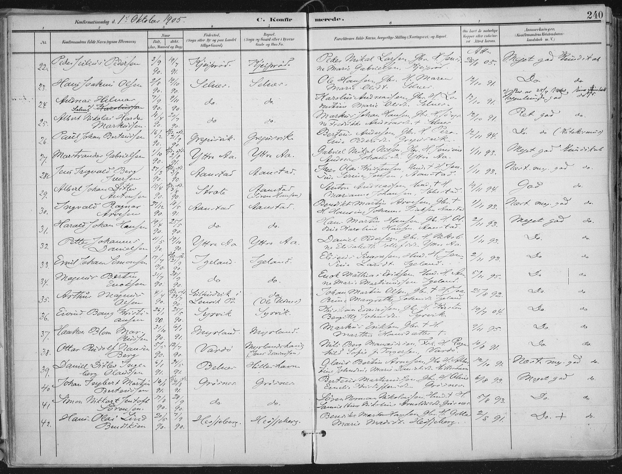 Ibestad sokneprestembete, AV/SATØ-S-0077/H/Ha/Haa/L0017kirke: Ministerialbok nr. 17, 1901-1914, s. 240