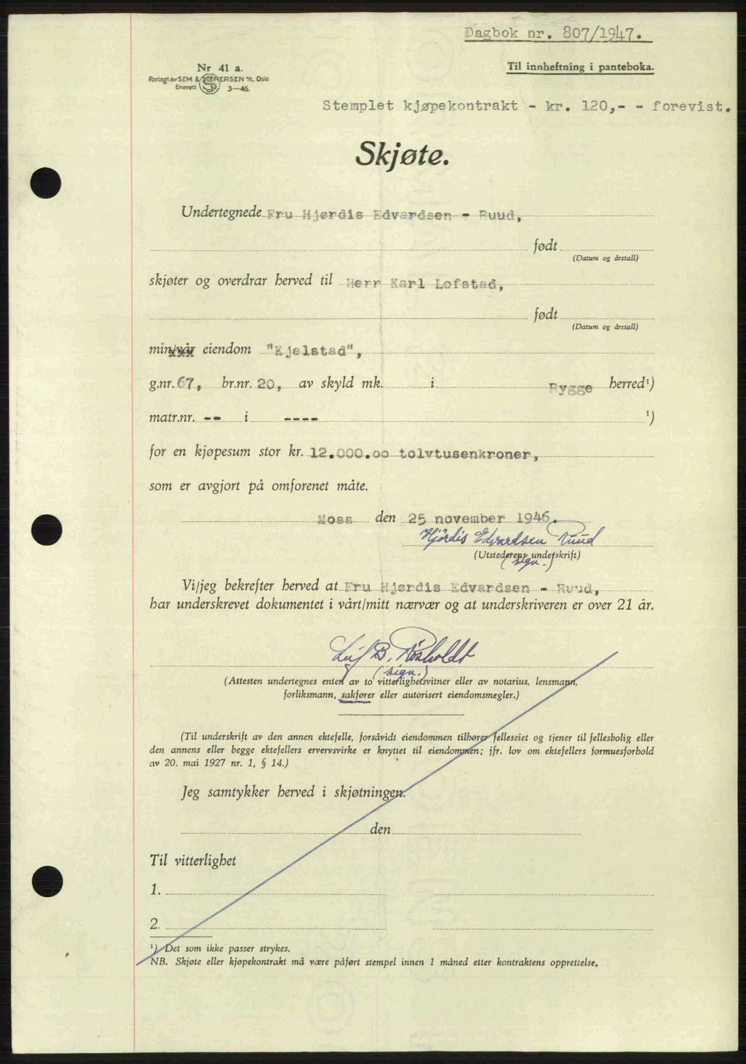 Moss sorenskriveri, SAO/A-10168: Pantebok nr. A17, 1947-1947, Dagboknr: 807/1947