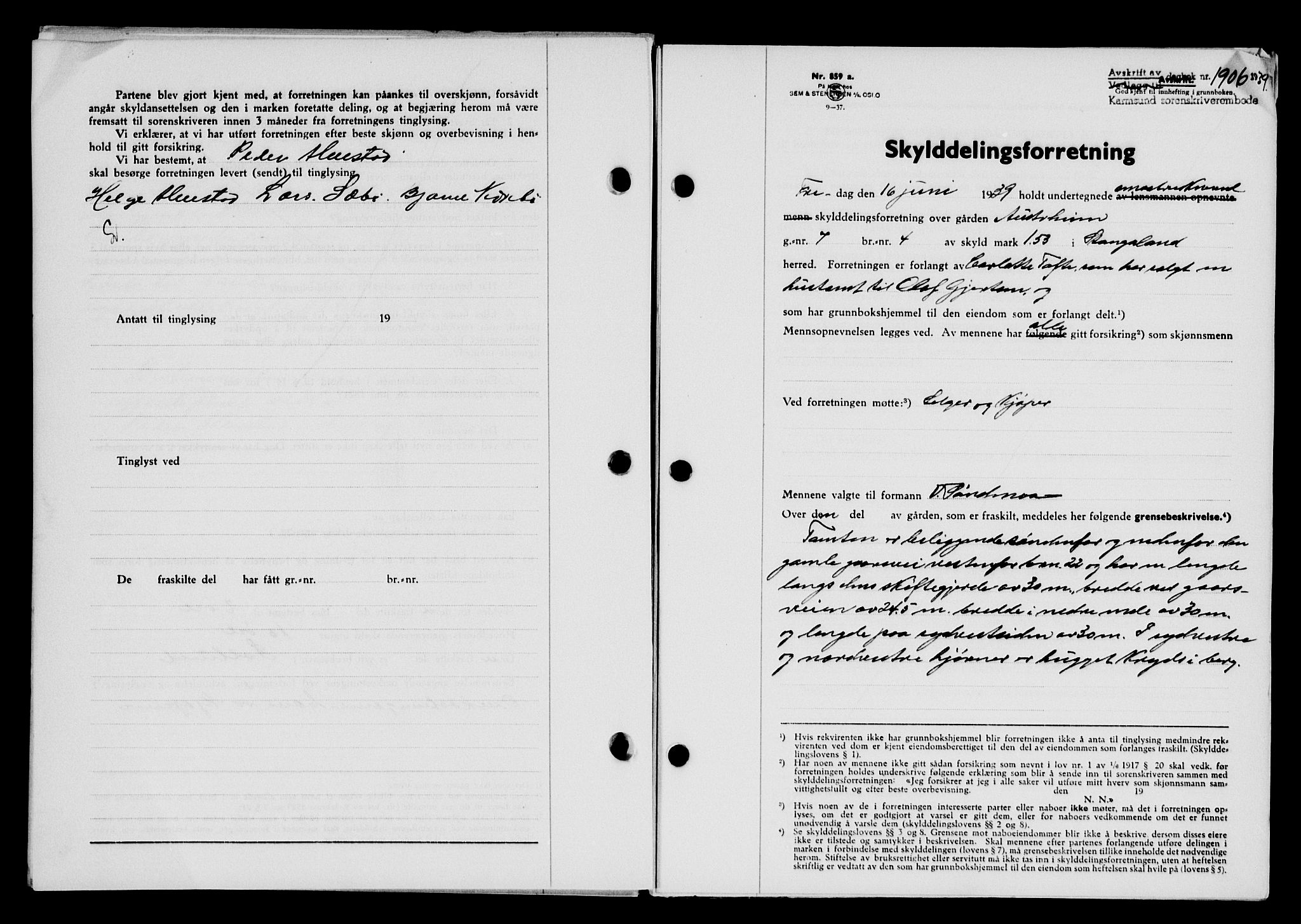 Karmsund sorenskriveri, SAST/A-100311/01/II/IIB/L0072: Pantebok nr. 53A, 1939-1940, Dagboknr: 1906/1939