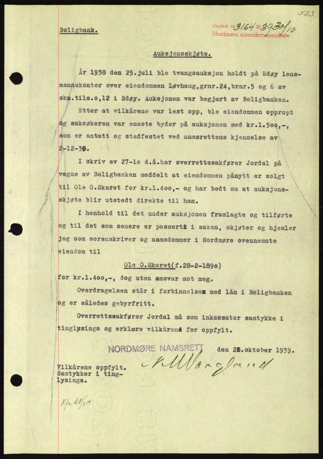Nordmøre sorenskriveri, SAT/A-4132/1/2/2Ca: Pantebok nr. A87, 1939-1940, Dagboknr: 3164/1939
