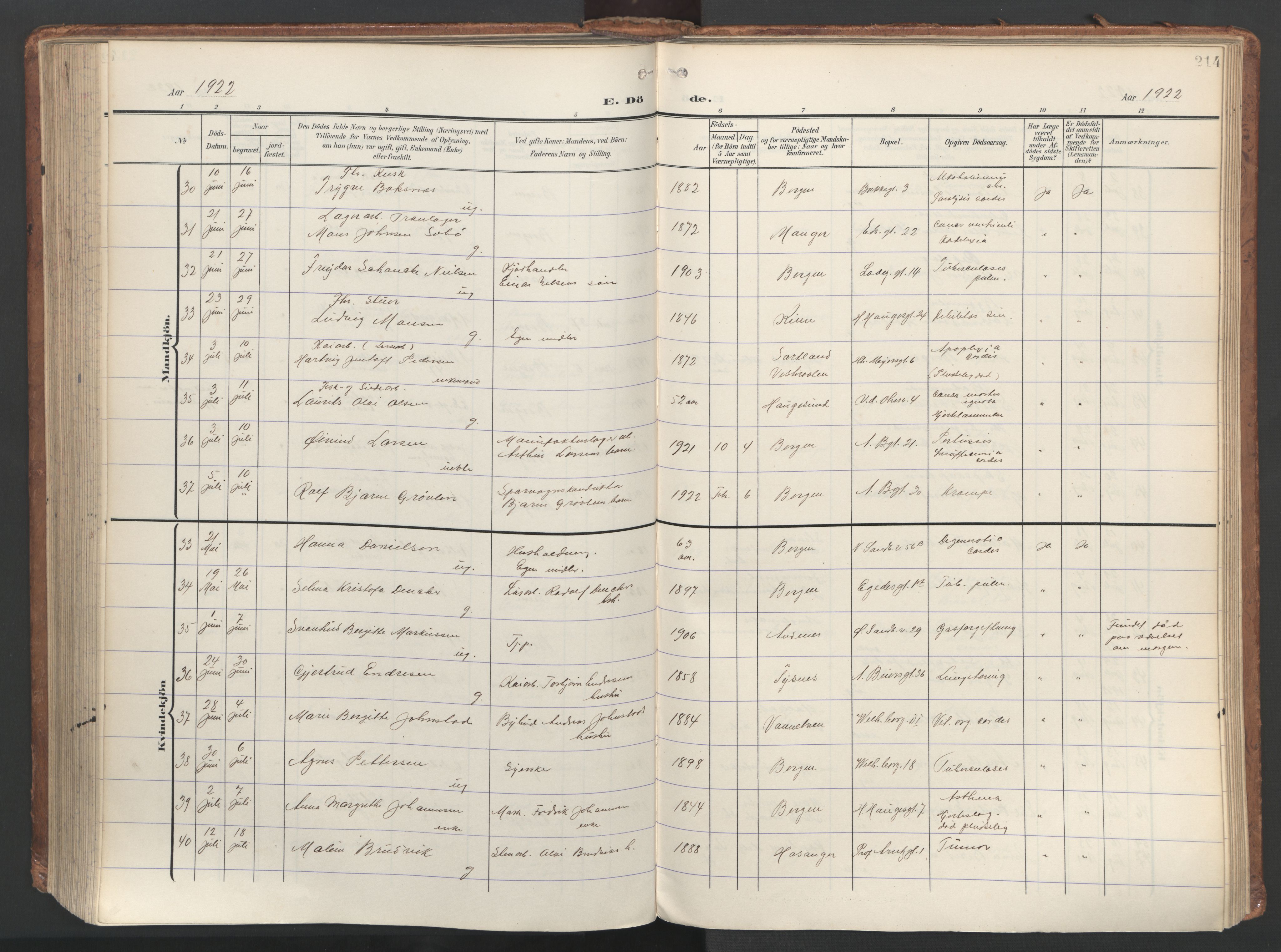 Sandviken Sokneprestembete, AV/SAB-A-77601/H/Ha/L0019: Ministerialbok nr. E 2, 1905-1933, s. 214