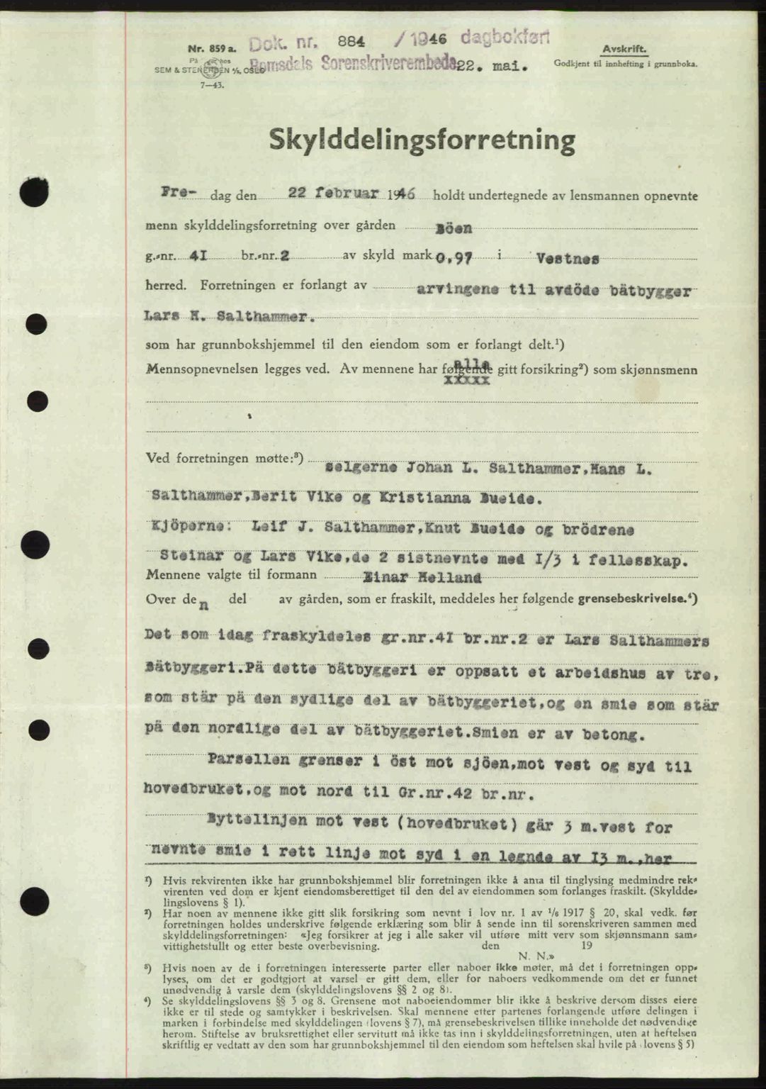 Romsdal sorenskriveri, SAT/A-4149/1/2/2C: Pantebok nr. A19, 1946-1946, Dagboknr: 884/1946