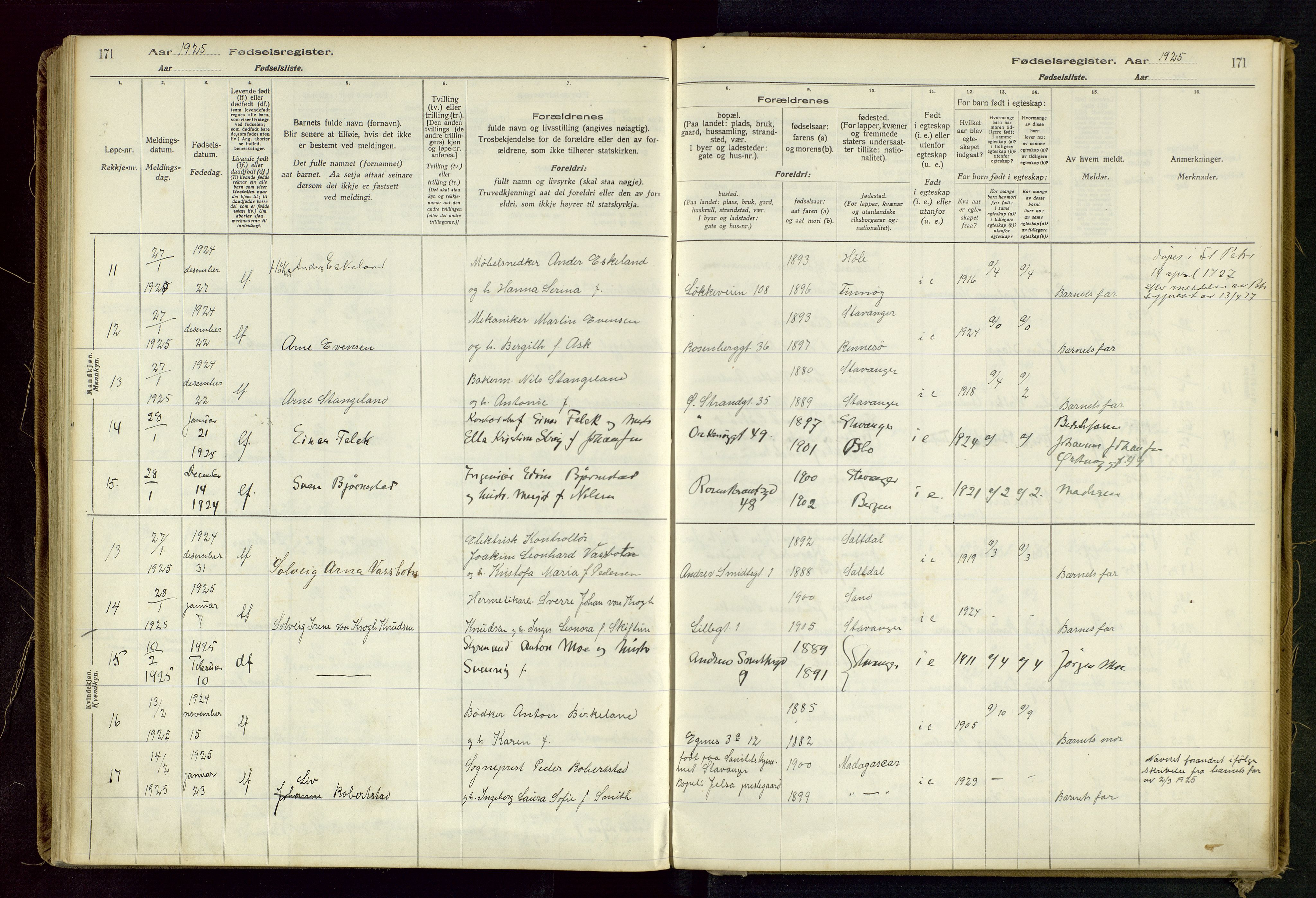 Domkirken sokneprestkontor, SAST/A-101812/002/B/L0002: Fødselsregister nr. 2, 1920-1925, s. 171