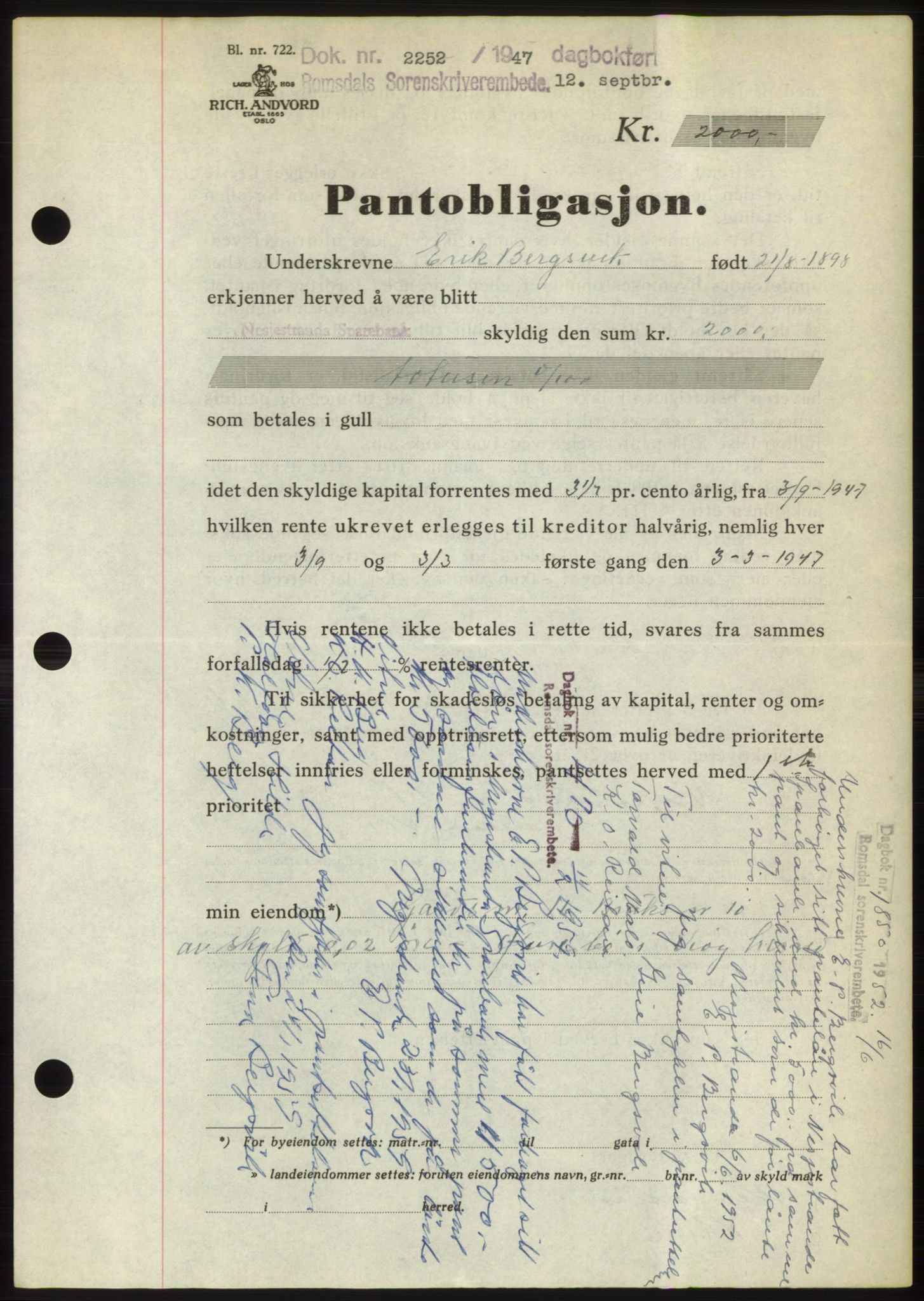 Romsdal sorenskriveri, SAT/A-4149/1/2/2C: Pantebok nr. B3, 1946-1948, Dagboknr: 2252/1947