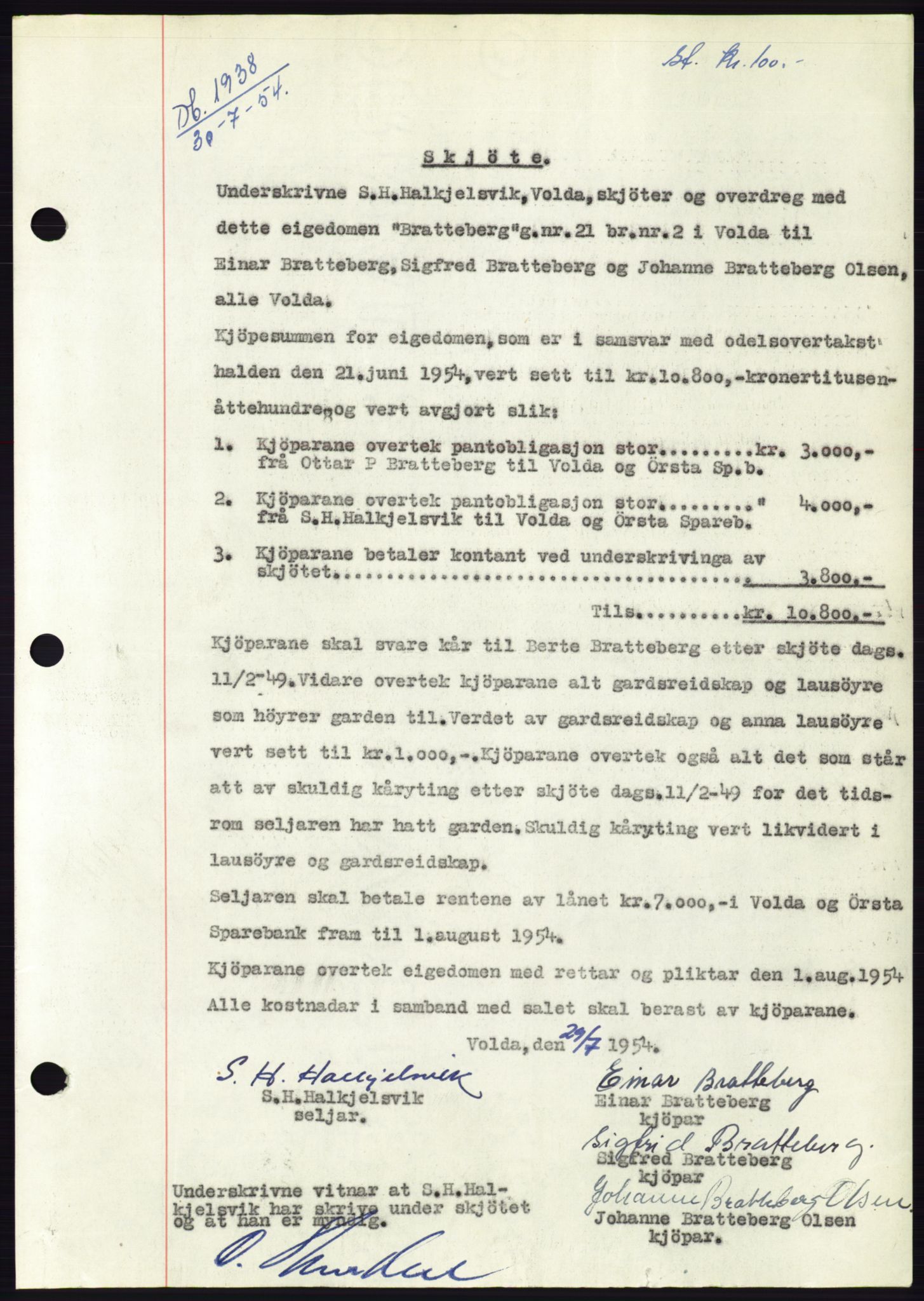 Søre Sunnmøre sorenskriveri, SAT/A-4122/1/2/2C/L0098: Pantebok nr. 24A, 1954-1954, Dagboknr: 1938/1954