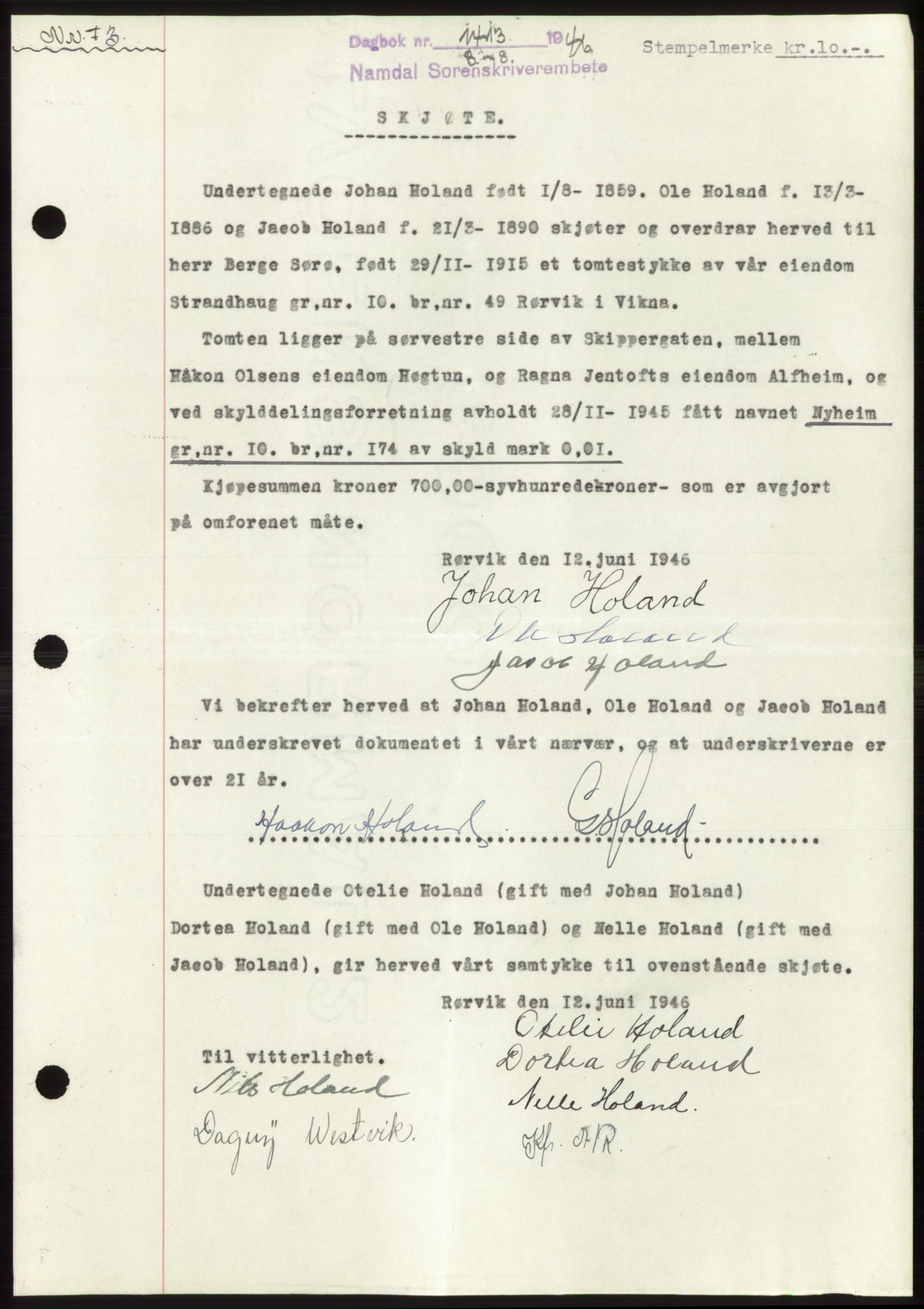 Namdal sorenskriveri, SAT/A-4133/1/2/2C: Pantebok nr. -, 1946-1946, Dagboknr: 1413/1946