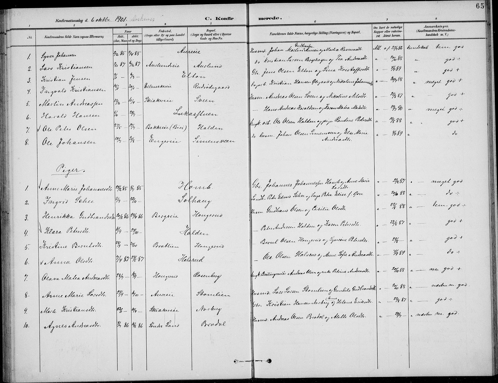 Nordre Land prestekontor, SAH/PREST-124/H/Ha/Hab/L0014: Klokkerbok nr. 14, 1891-1907, s. 65