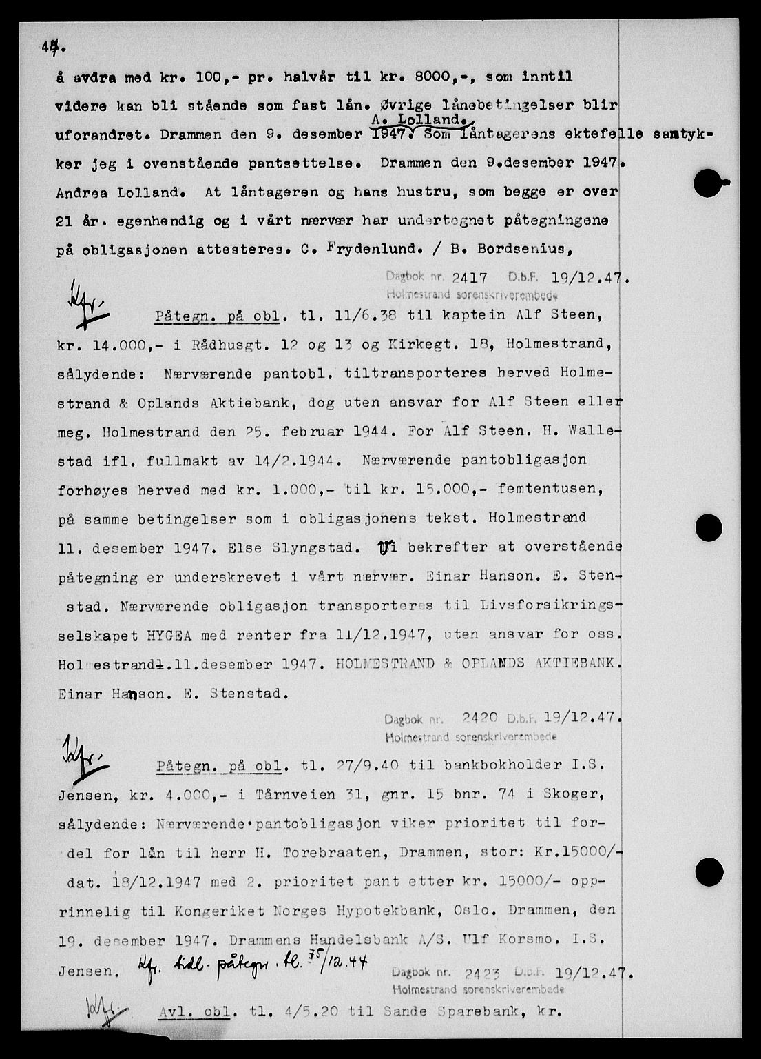 Holmestrand sorenskriveri, SAKO/A-67/G/Ga/Gab/L0058: Pantebok nr. B-58, 1947-1948, s. 44, Dagboknr: 2417/1947