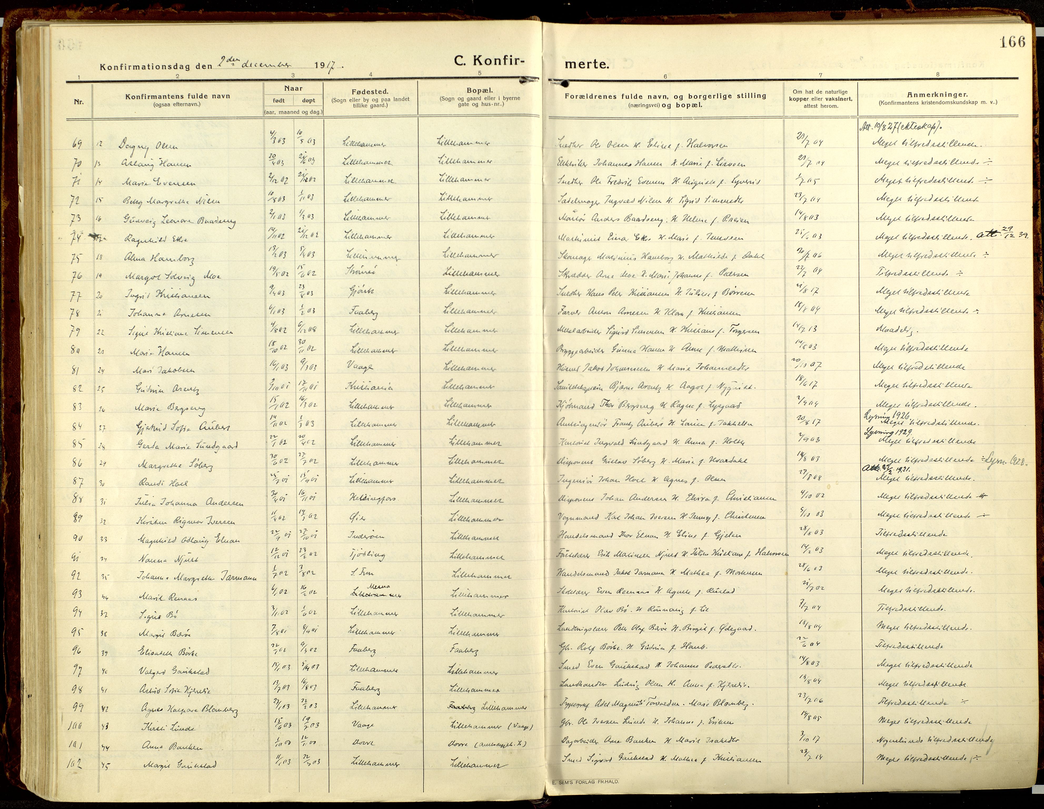 Lillehammer prestekontor, AV/SAH-PREST-088/H/Ha/Haa/L0002: Ministerialbok nr. 2, 1917-1932, s. 166
