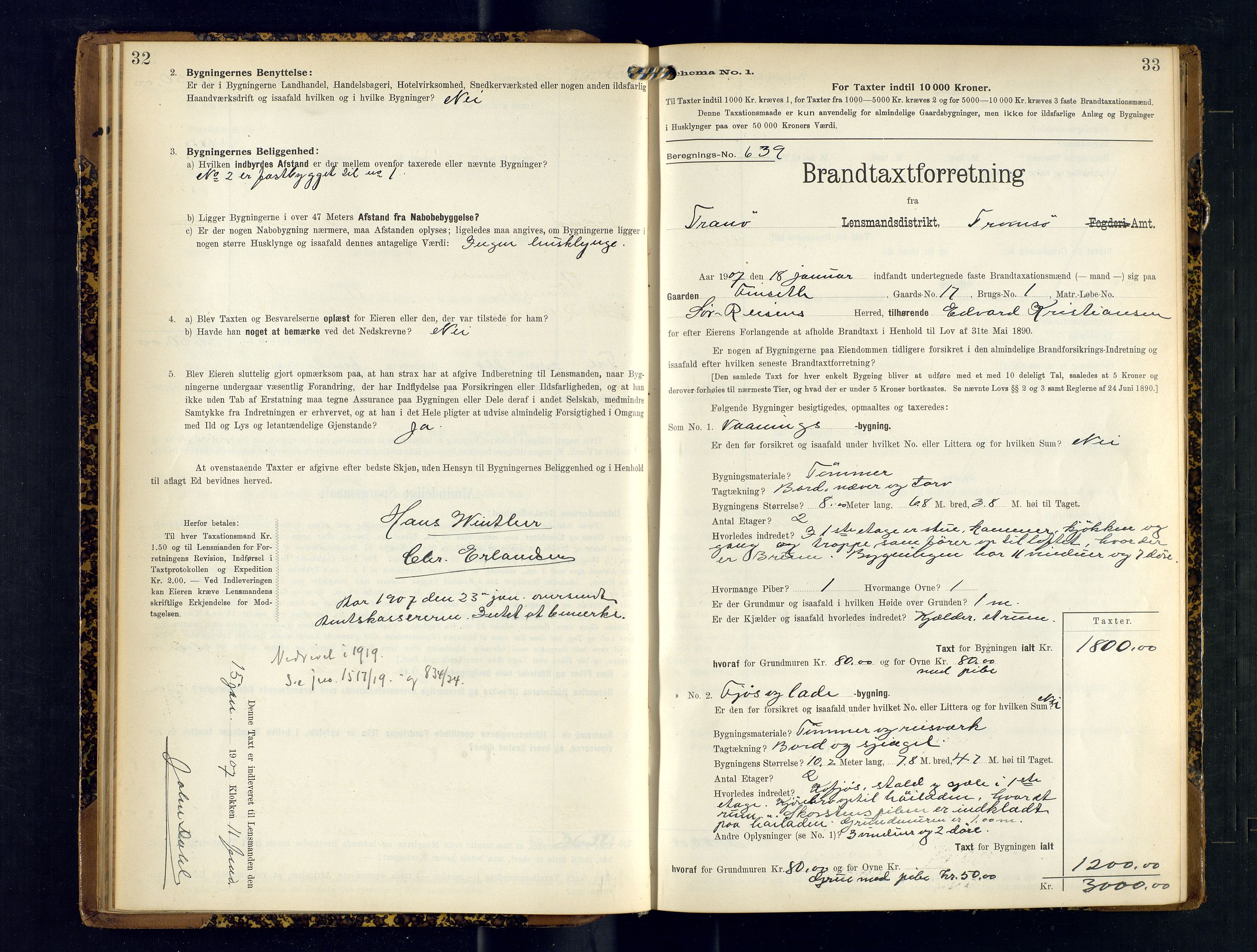 Tranøy lensmannskontor (Sørreisa lensmannskontor), AV/SATØ-SATØ-46/1/F/Fq/Fqc/L0253: Branntakstprotokoller, 1906-1908, s. 32-33