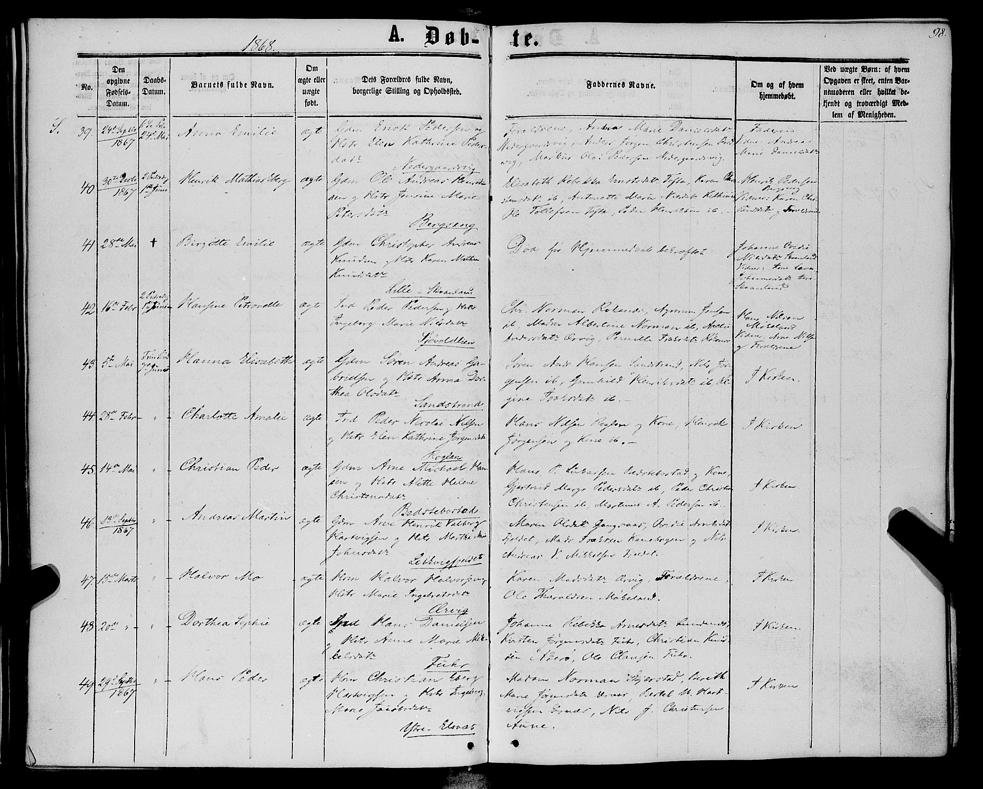 Trondenes sokneprestkontor, AV/SATØ-S-1319/H/Ha/L0012kirke: Ministerialbok nr. 12, 1863-1870, s. 98