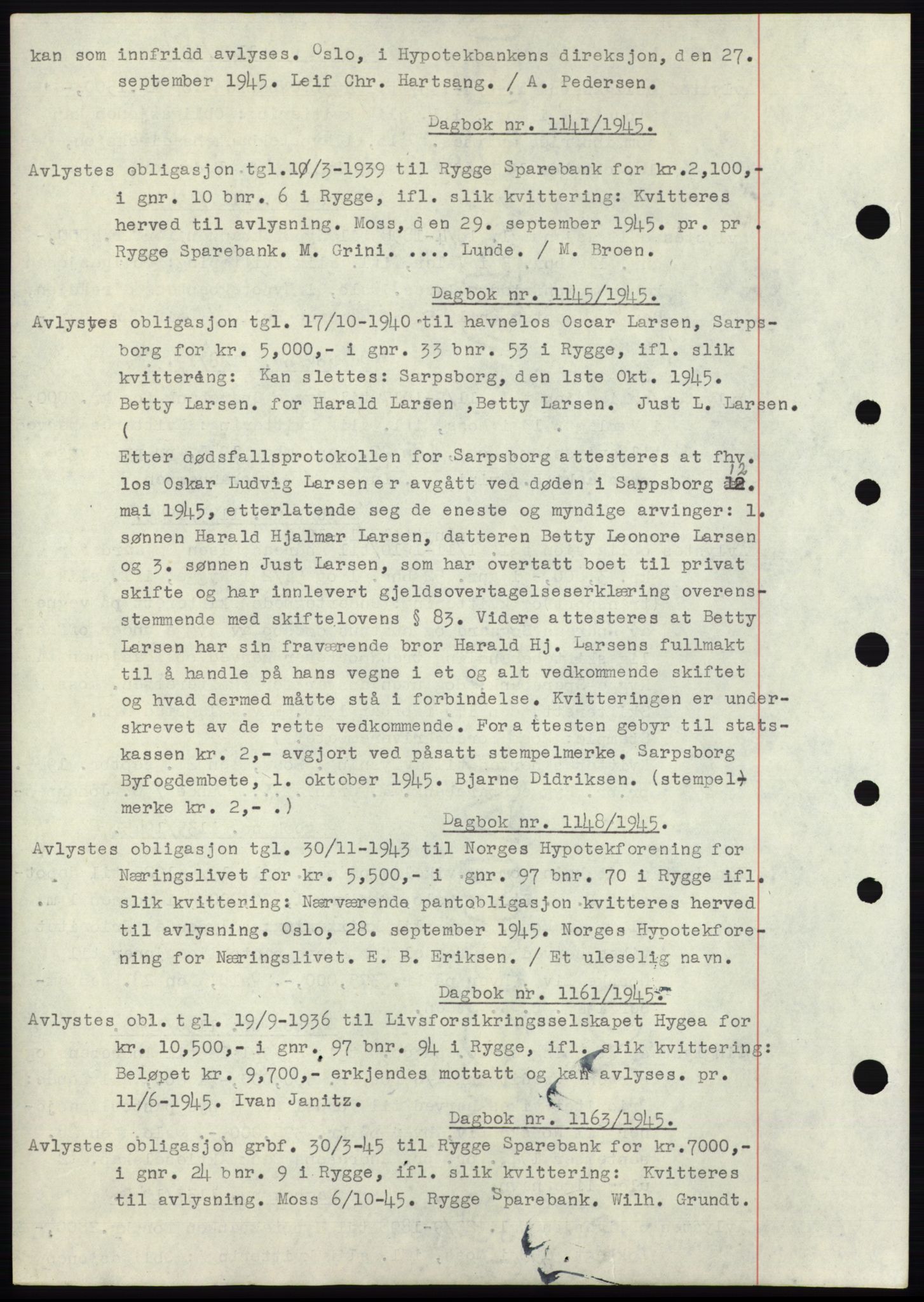 Moss sorenskriveri, SAO/A-10168: Pantebok nr. C10, 1938-1950, Dagboknr: 1141/1945