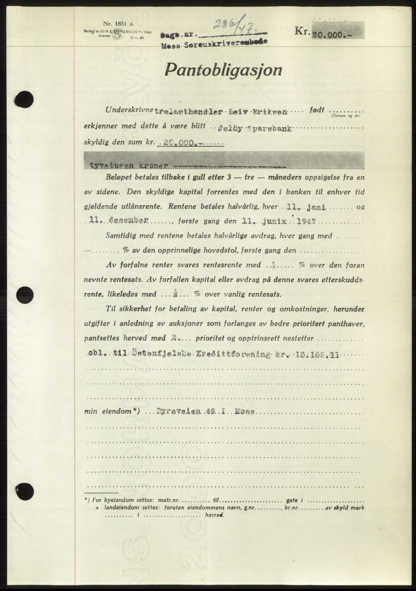 Moss sorenskriveri, SAO/A-10168: Pantebok nr. B16, 1946-1947, Dagboknr: 286/1947