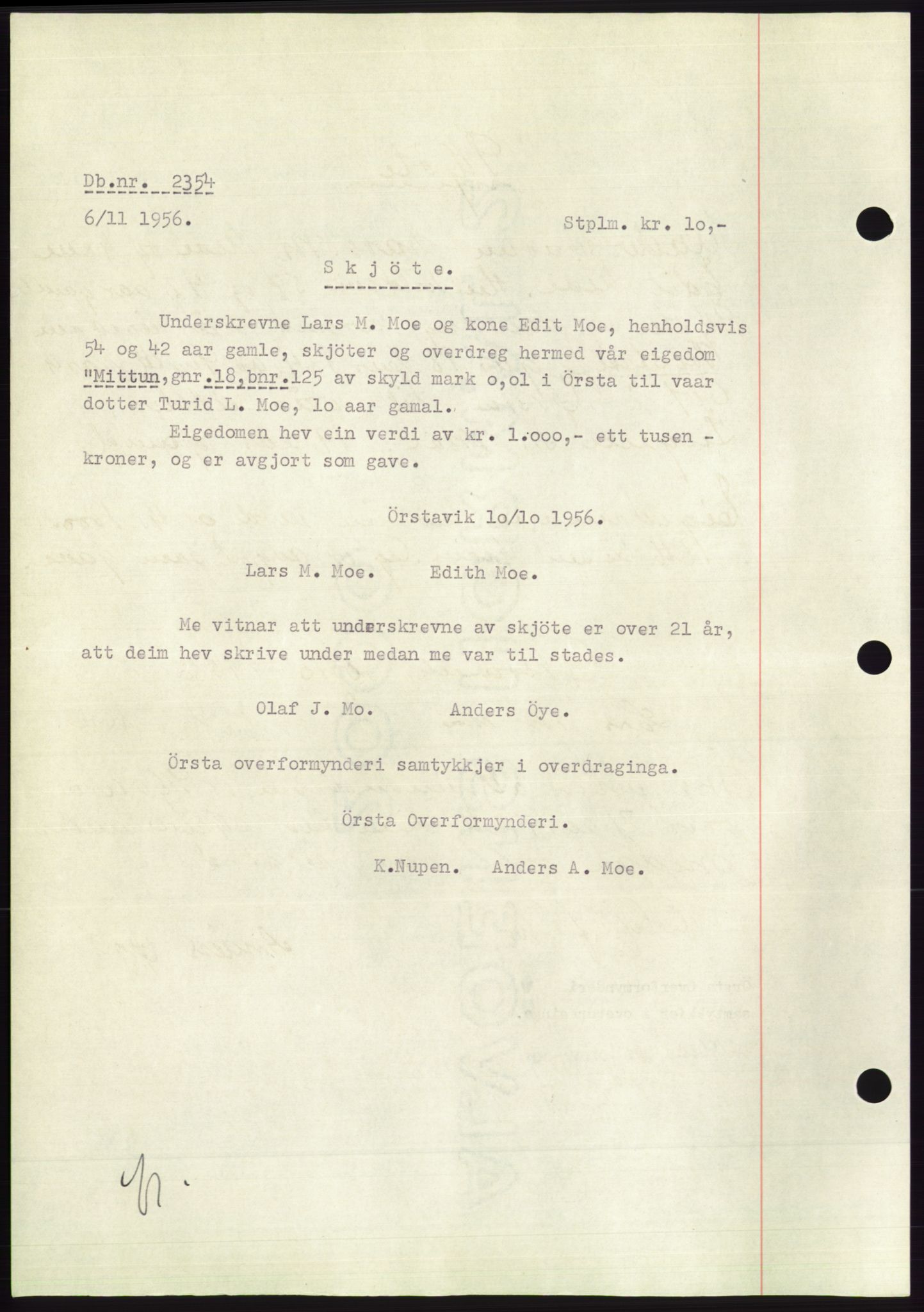 Søre Sunnmøre sorenskriveri, AV/SAT-A-4122/1/2/2C/L0104: Pantebok nr. 30A, 1956-1956, Dagboknr: 2354/1956