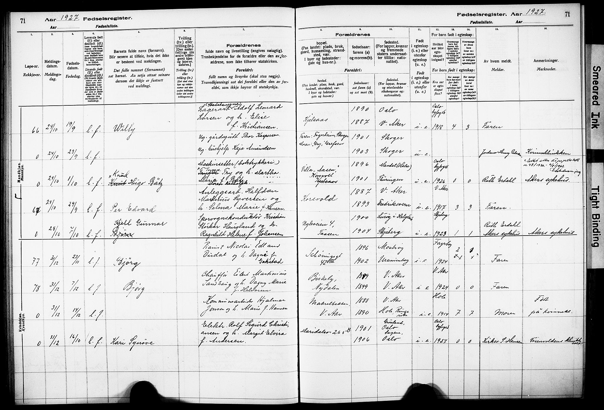 Vestre Aker prestekontor Kirkebøker, AV/SAO-A-10025/J/Ja/L0003: Fødselsregister nr. 3, 1926-1930, s. 71