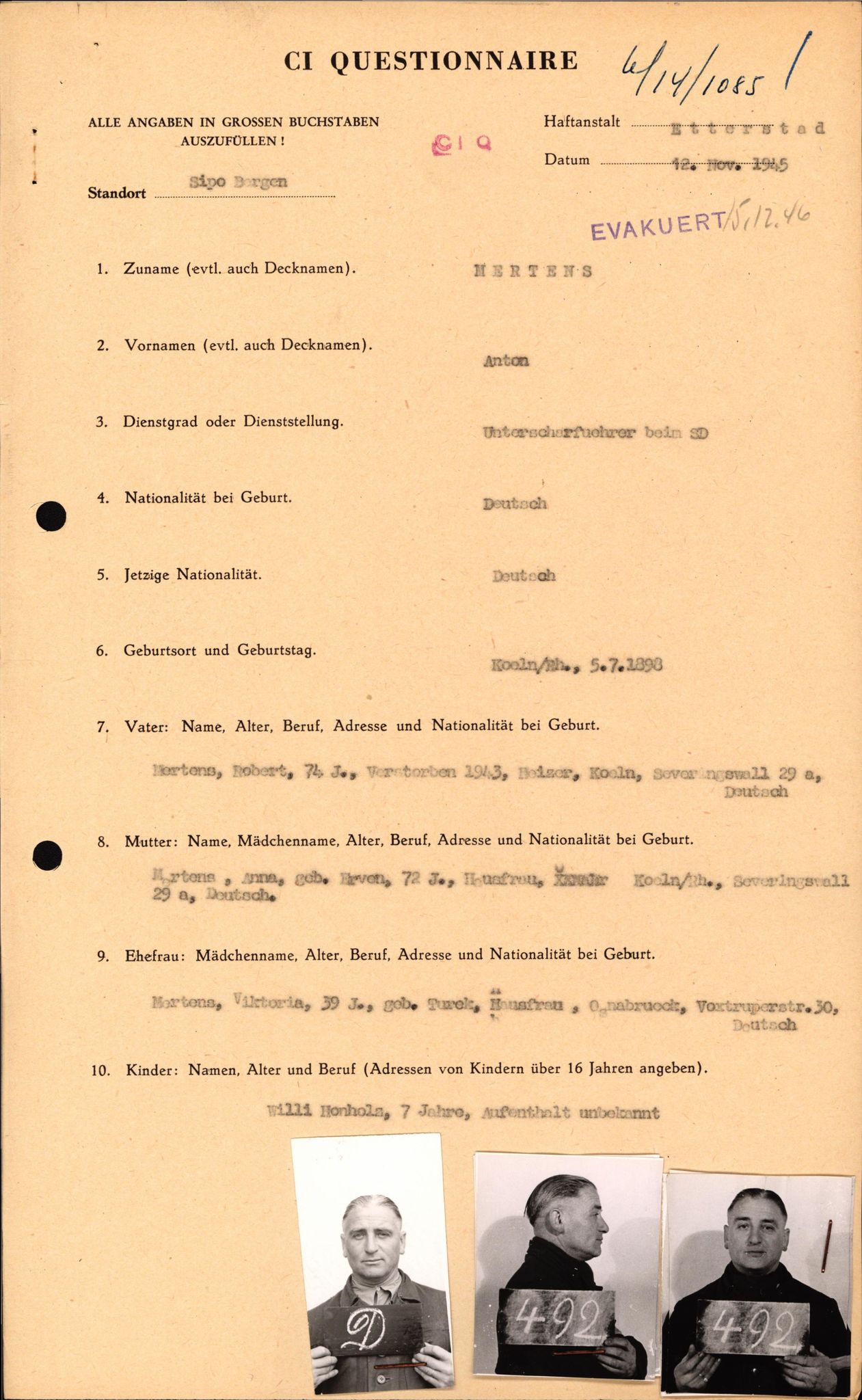 Forsvaret, Forsvarets overkommando II, AV/RA-RAFA-3915/D/Db/L0021: CI Questionaires. Tyske okkupasjonsstyrker i Norge. Tyskere., 1945-1946, s. 415