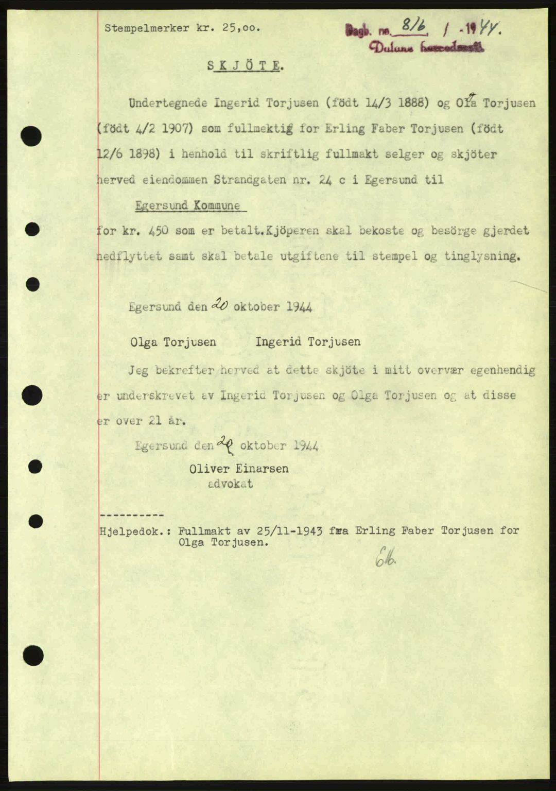Dalane sorenskriveri, SAST/A-100309/02/G/Gb/L0047: Pantebok nr. A8 I, 1944-1945, Dagboknr: 816/1944
