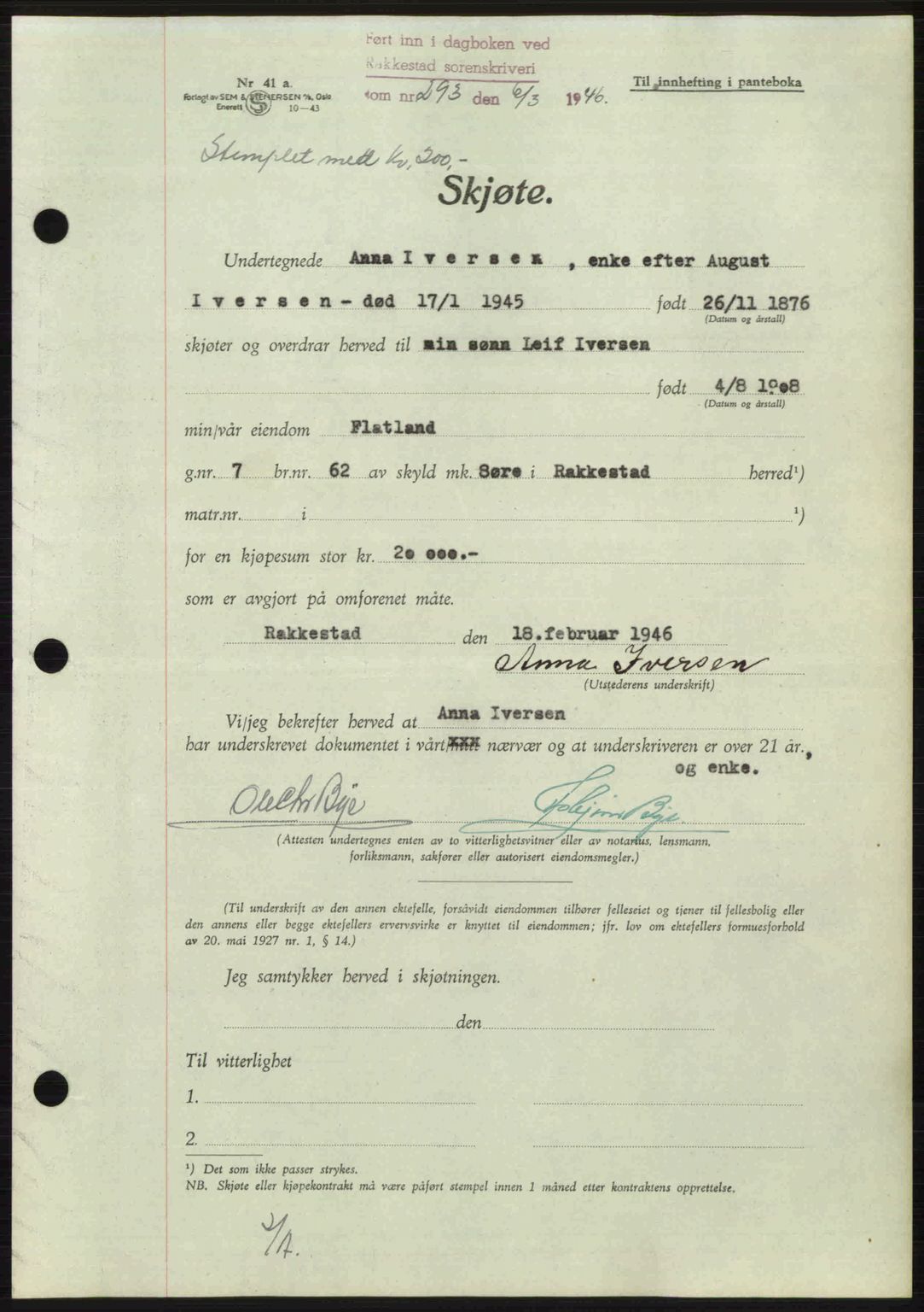 Rakkestad sorenskriveri, AV/SAO-A-10686/G/Gb/Gba/Gbab/L0012a: Pantebok nr. A12 I, 1945-1946, Dagboknr: 293/1946