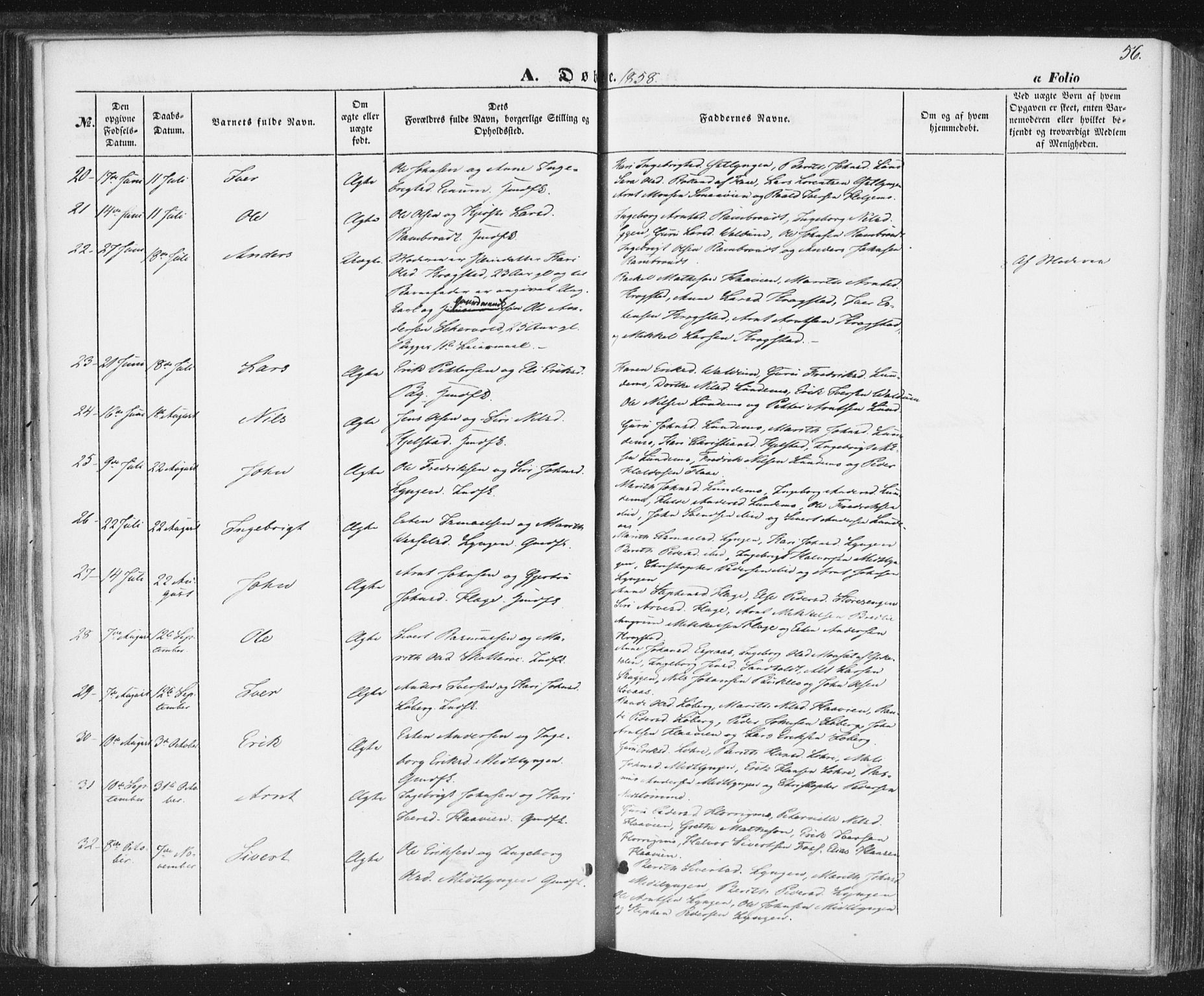 Ministerialprotokoller, klokkerbøker og fødselsregistre - Sør-Trøndelag, SAT/A-1456/692/L1103: Ministerialbok nr. 692A03, 1849-1870, s. 56