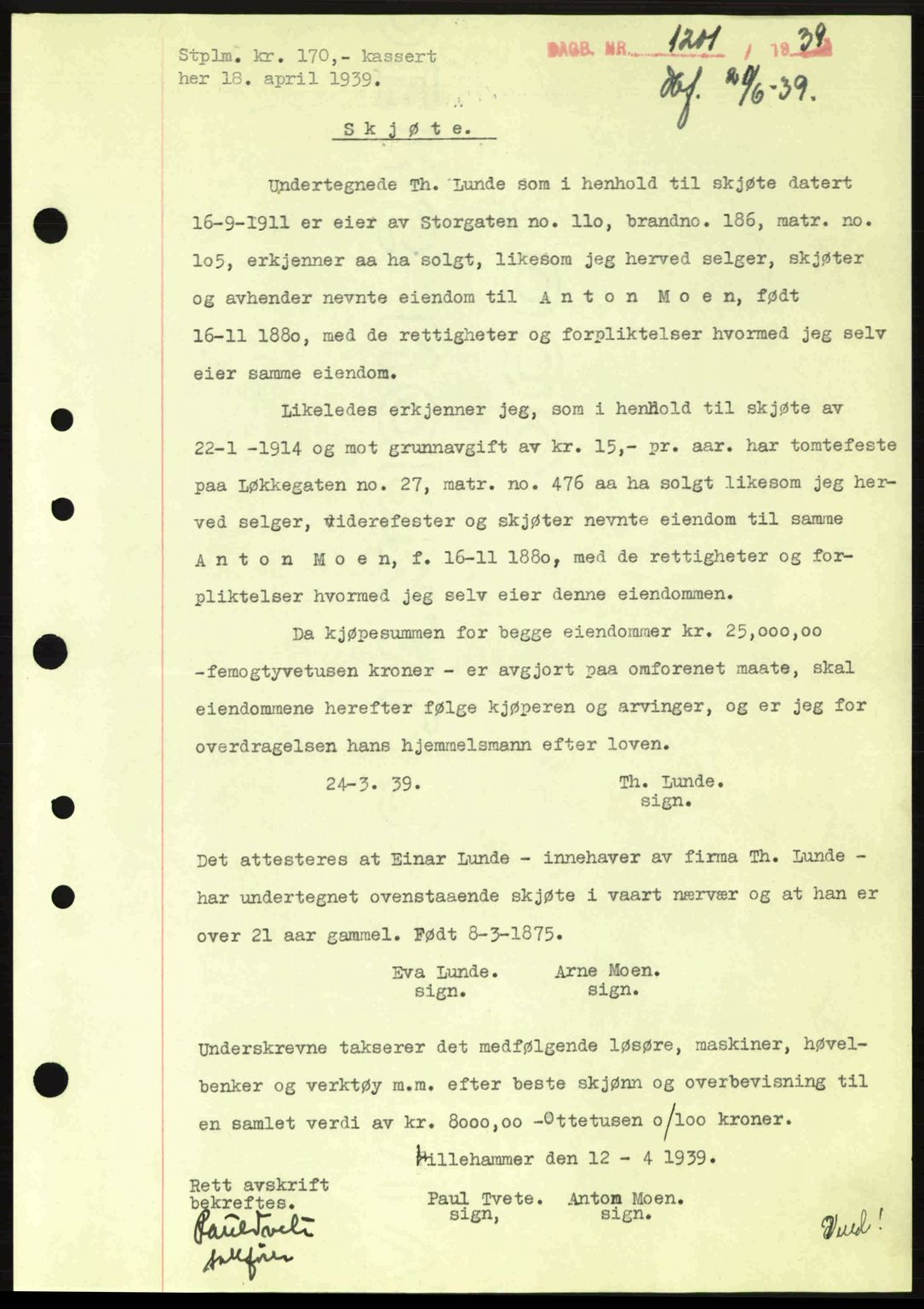 Sør-Gudbrandsdal tingrett, SAH/TING-004/H/Hb/Hbd/L0006: Pantebok nr. A6, 1939-1939, Dagboknr: 1201/1939