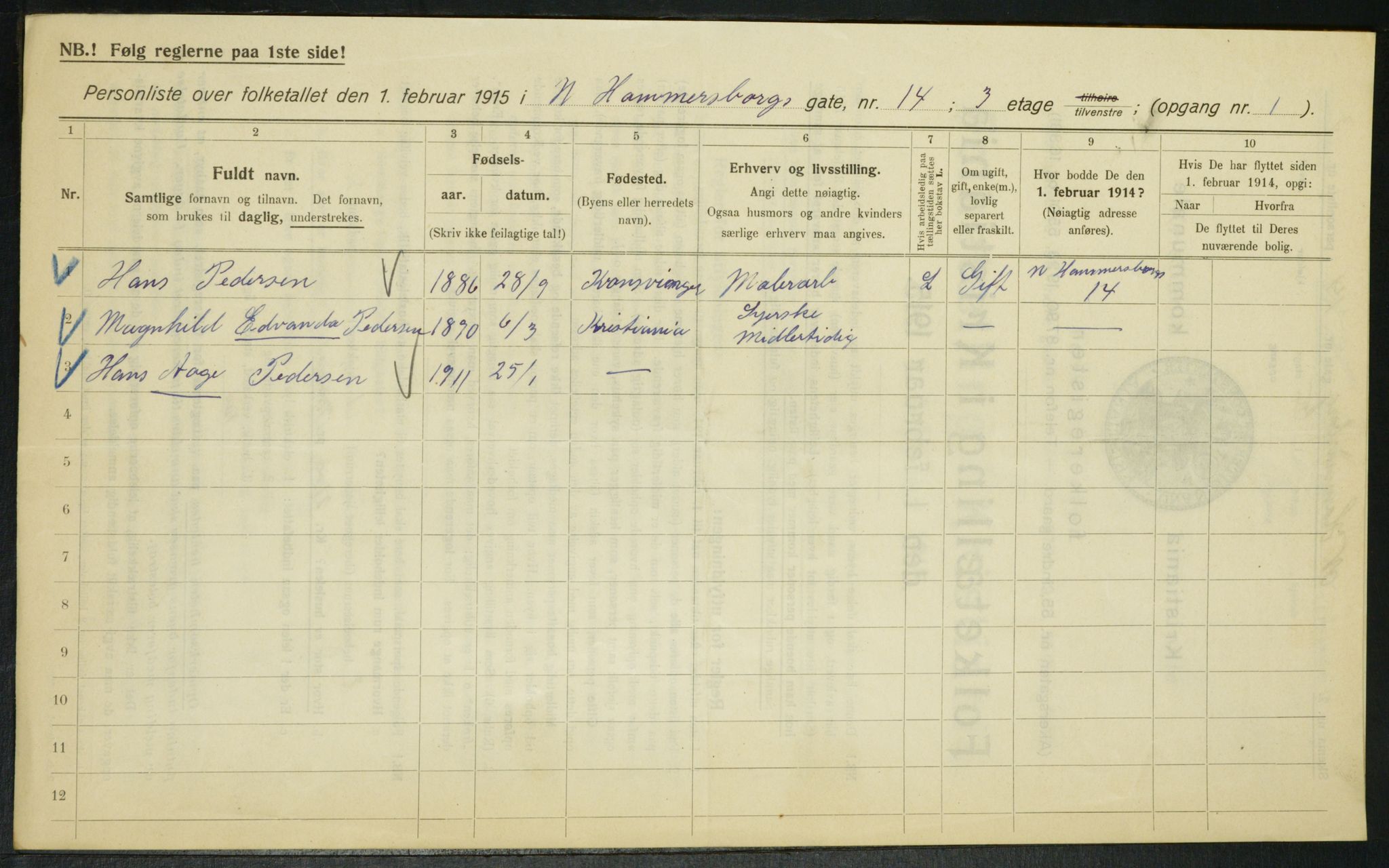 OBA, Kommunal folketelling 1.2.1915 for Kristiania, 1915, s. 68876