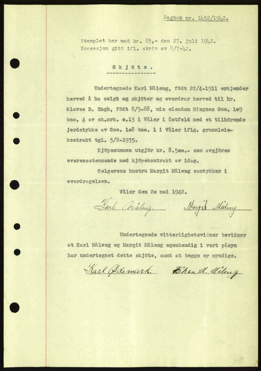 Moss sorenskriveri, SAO/A-10168: Pantebok nr. A10, 1942-1943, Dagboknr: 1452/1942